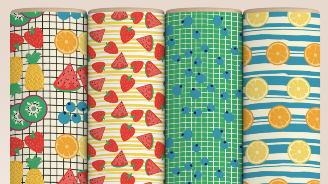 Fruity Loopy fruit patterns on four rolls of gift wrap, surface pattern design for licensing