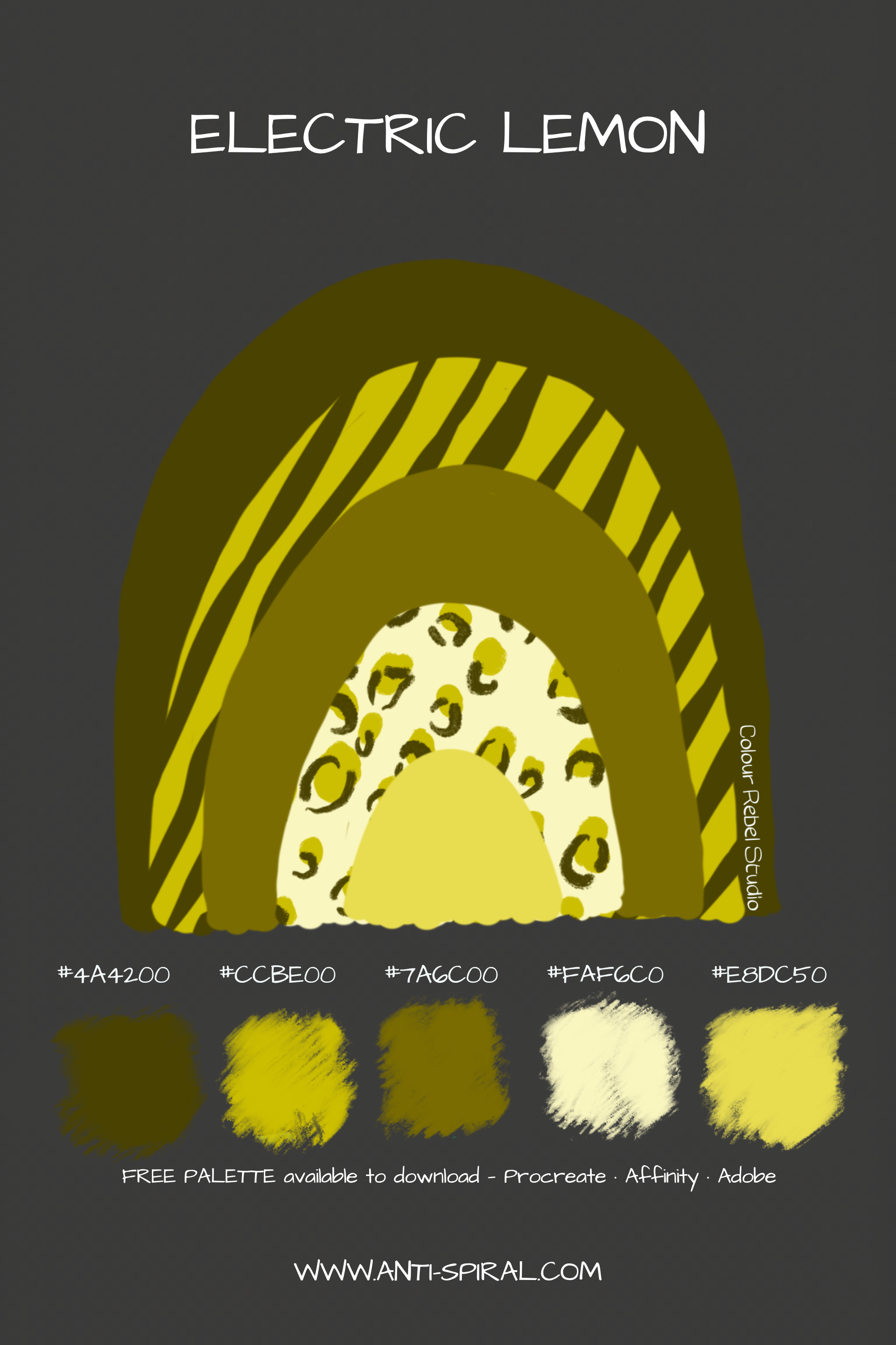 Electric Lemon colour palette with hex codes — bright electric lemon tonal — five coordinating colours including #4A4200, #7A6C00 and #CCBE00 — free download for Procreate, Affinity and Adobe — Colour Rebel Studio