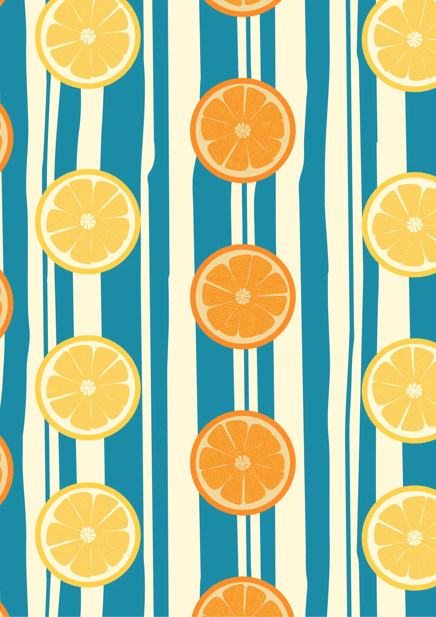 Orange and lemon slices on blue stripes from the Fruity Loopy collection, surface pattern design for licensing