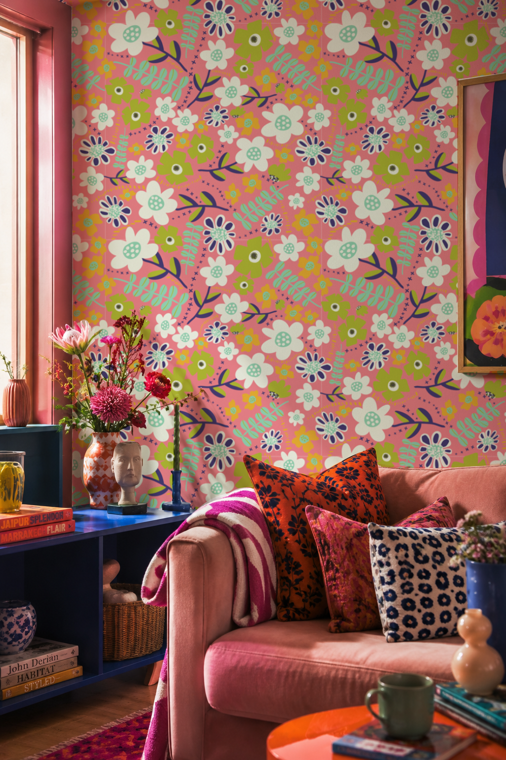 Bold floral Colour Rebel Studio wallpaper styled in a colourful living room vignette