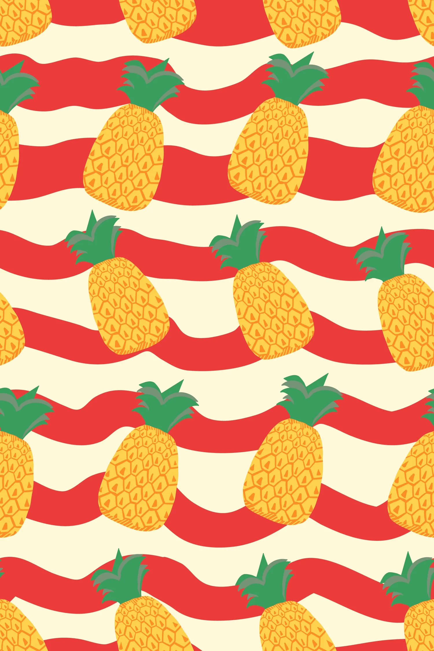 Pineapple pattern on red waves from the Fruity Loopy collection, surface pattern design for licensing