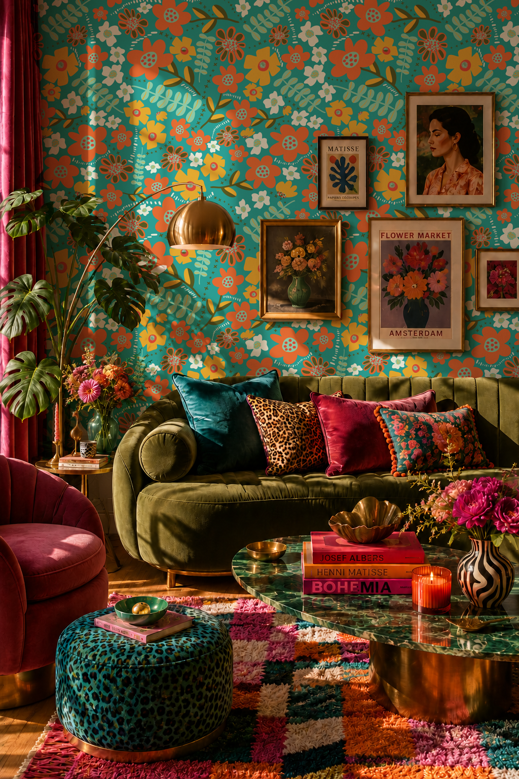 Dopamine decor living room with bold floral Colour Rebel Studio wallpaper, blue velvet sofa and gallery wall