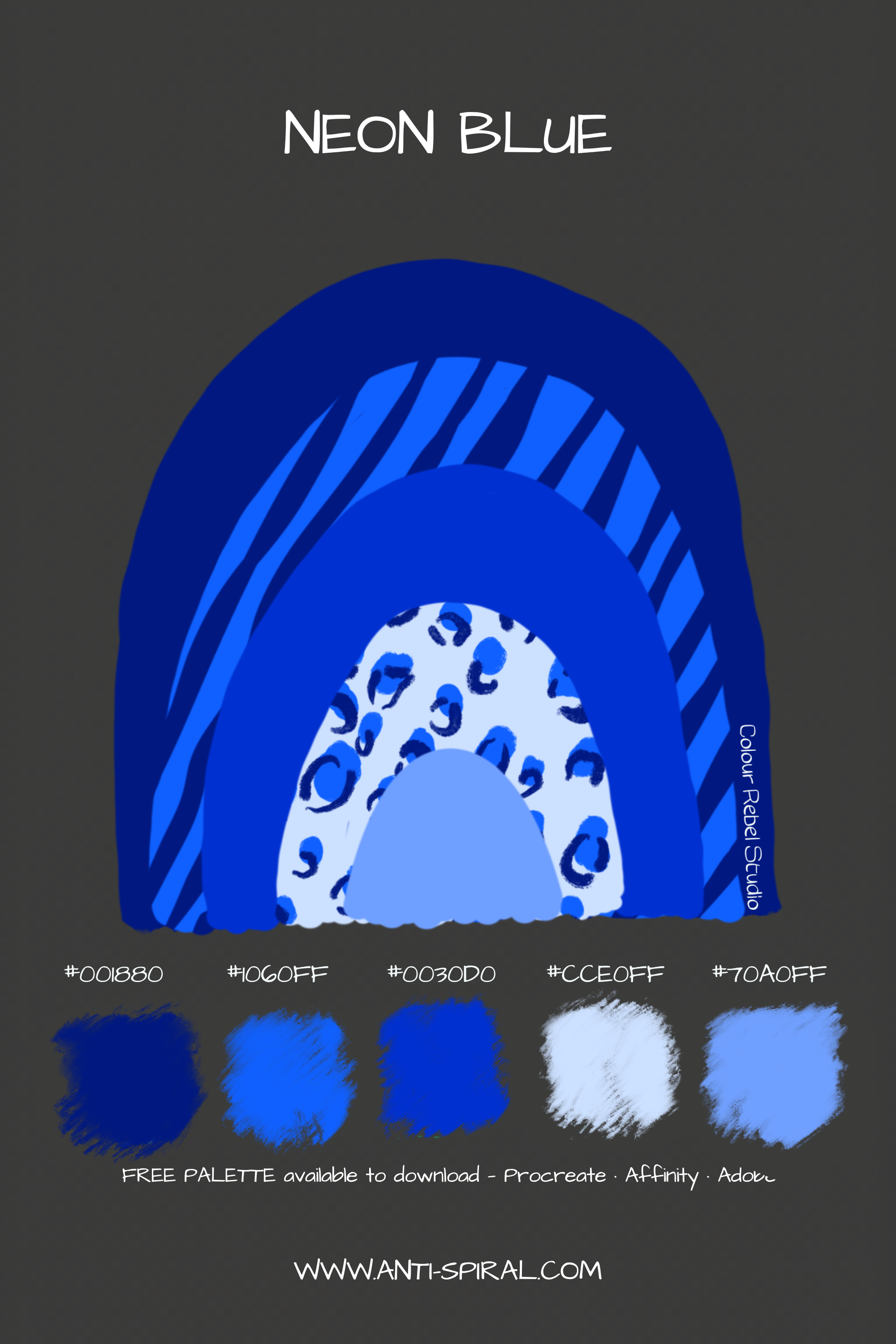 Neon Blue colour palette with hex codes — vivid neon blue tonal — five coordinating colours including #001880, #0030D0 and #1060FF — free download for Procreate, Affinity and Adobe — Colour Rebel Studio