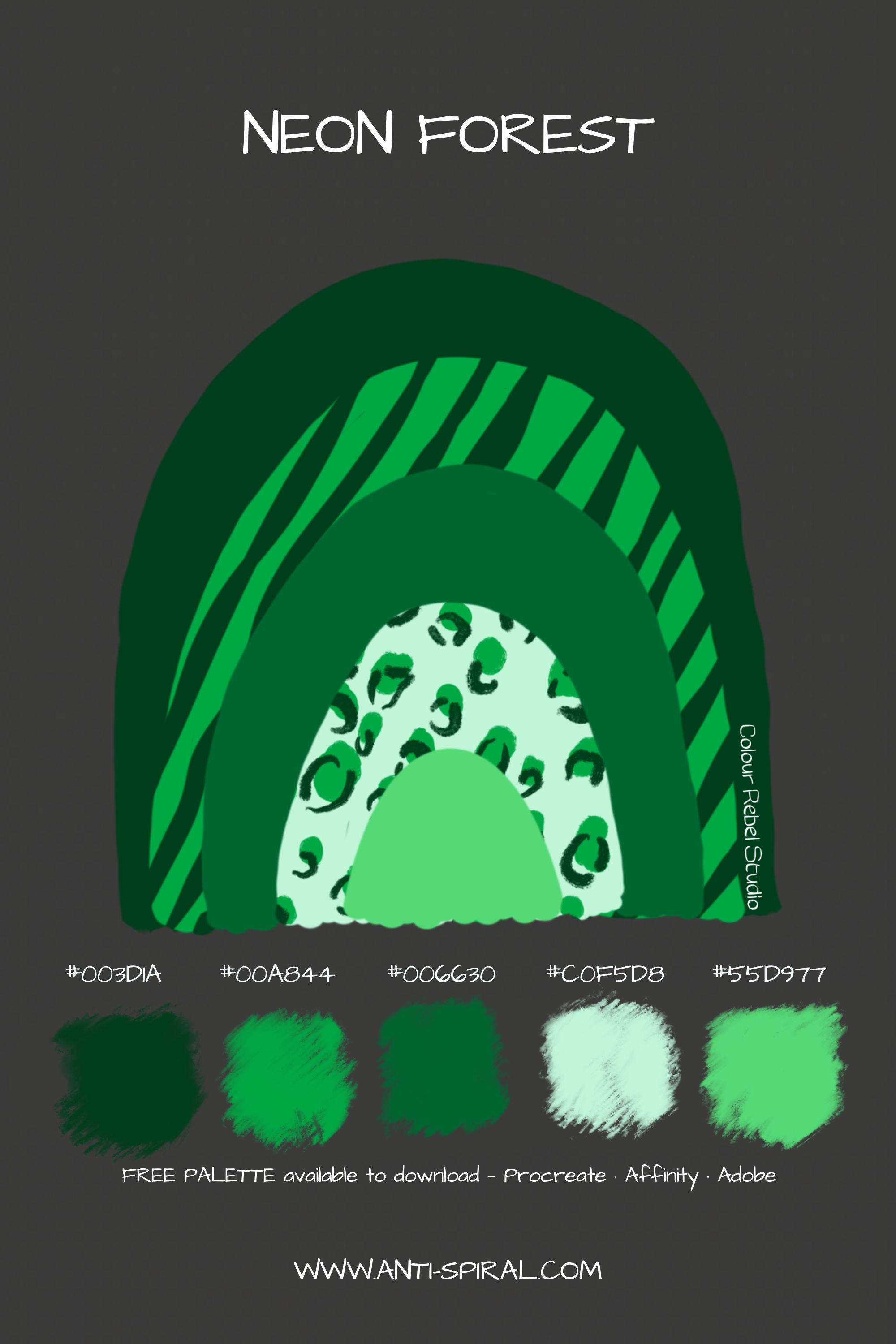 Neon Forest colour palette with hex codes — neon forest green tonal — five coordinating colours including #003D1A, #006630 and #00A844 — free download for Procreate, Affinity and Adobe — Colour Rebel Studio