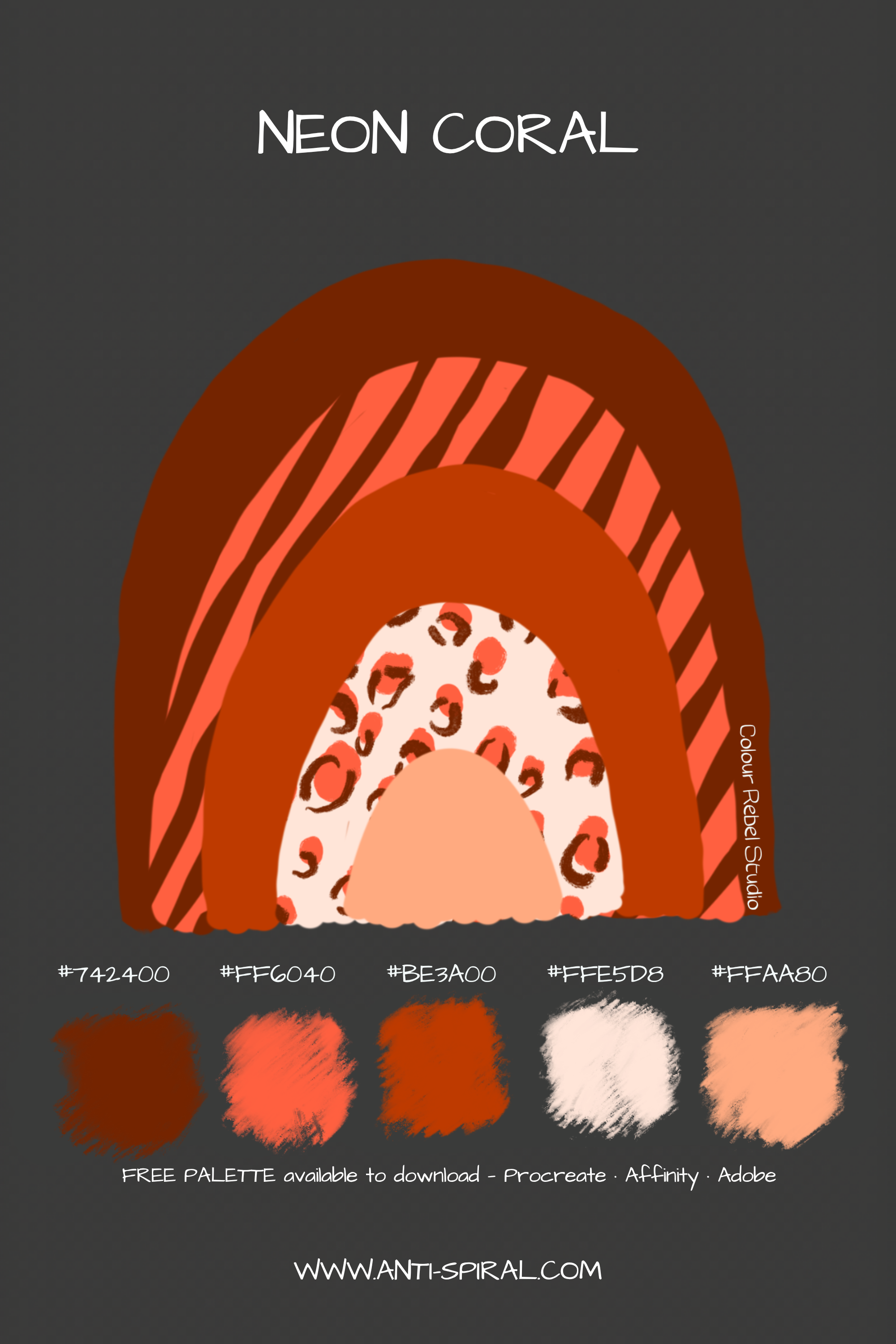 Neon Coral colour palette with hex codes — neon coral orange tonal — five coordinating colours including #742400, #BE3A00 and #FF6040 — free download for Procreate, Affinity and Adobe — Colour Rebel Studio