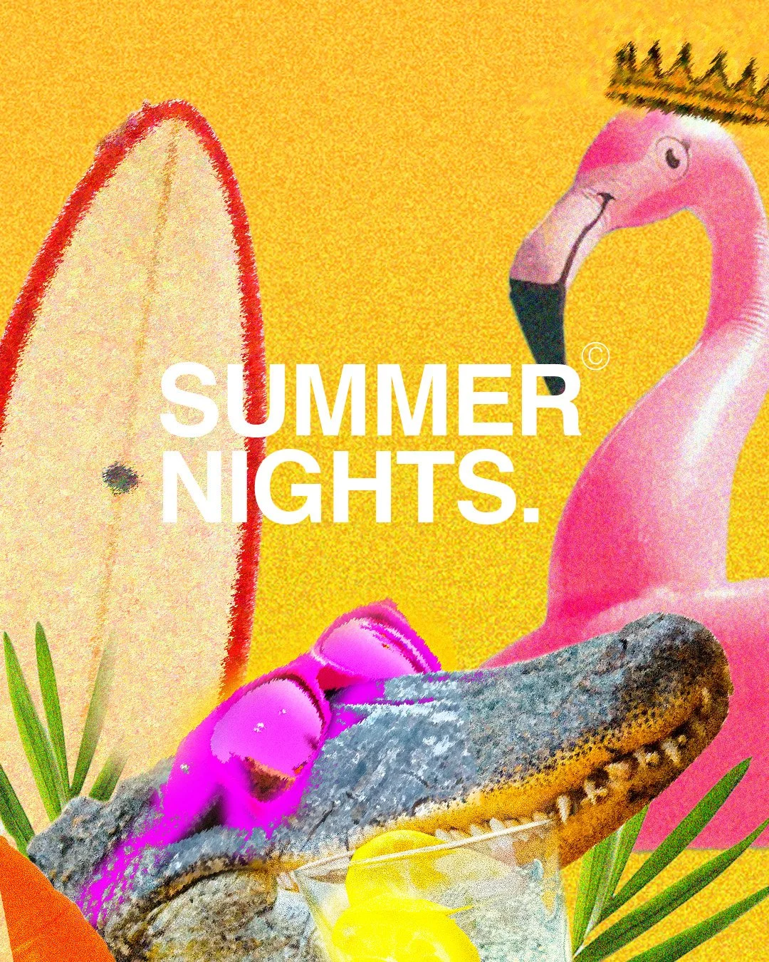 Bright summer-themed illustration featuring a watermelon slice, a flamingo wearing a crown, a crocodile with pink sunglasses, tropical leaves, and a glass with lemon slices, overlaid with the text "SUMMER NIGHTS."