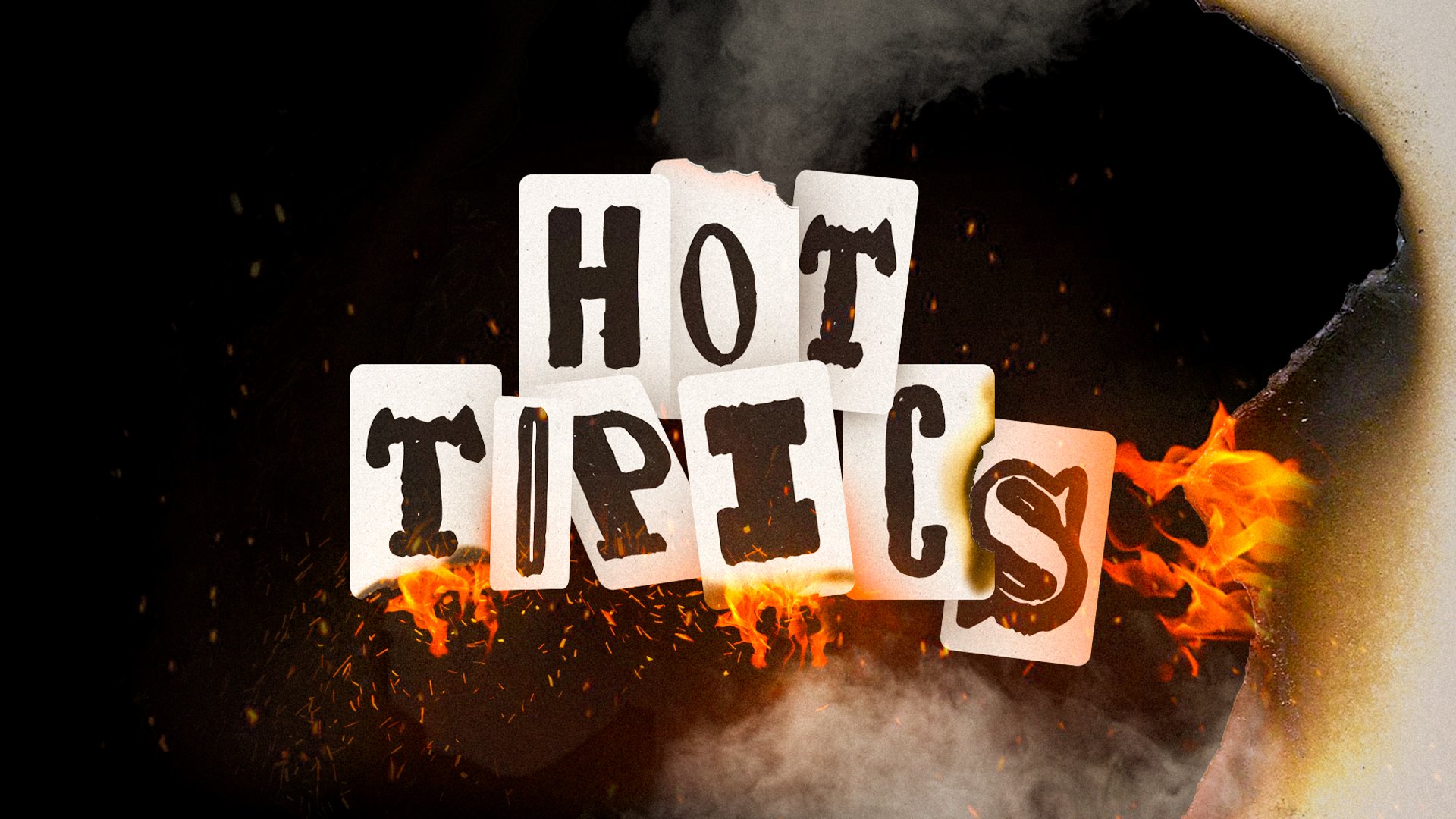 Letters spelling 'HOT TREATS' are set on fire with flames and smoke in a dark background.