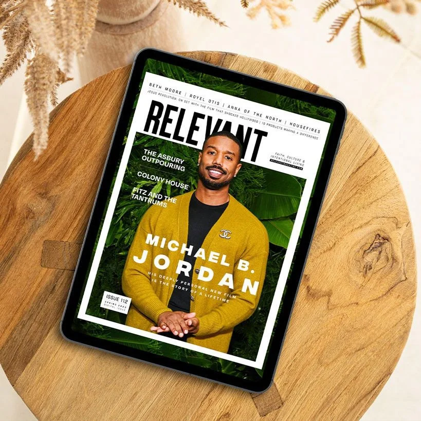 Tablet displaying a magazine cover featuring Michael B. Jordan surrounded by green foliage, with headlines about entertainment topics.
Created by Lionel Crespo for Relevant Magazine.