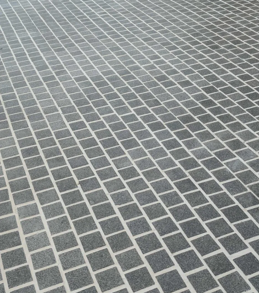 Close-up of a paved surface with a pattern of dark gray rectangular tiles outlined with light gray grout lines.