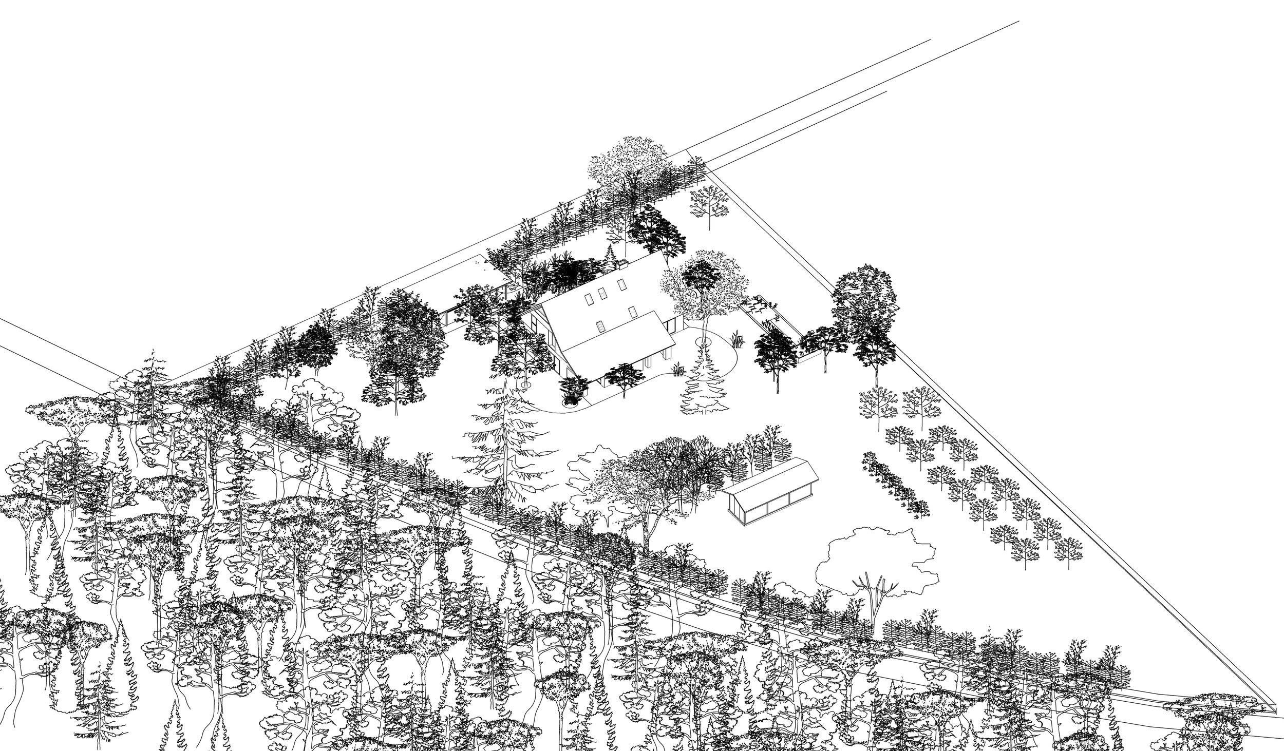 Mellenau 9. An isometric black-and-white line drawing of a residential property surrounded by trees and fenced areas, with a house, shed, and garden.