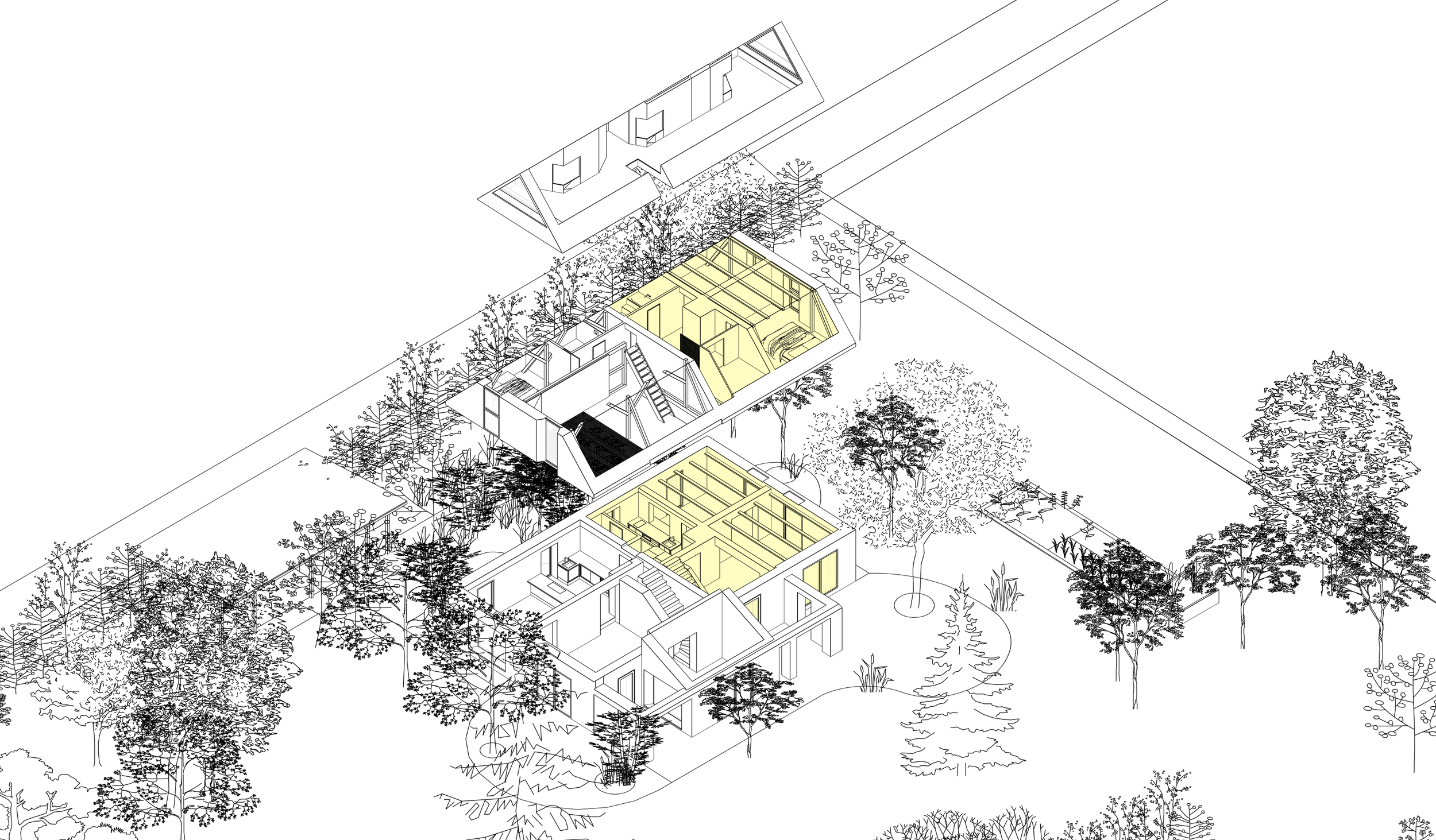 Mellenau 9. Architectural drawing of a modern house with multiple levels, surrounded by trees, showing interior layouts and structural details. Showing available spaces on nouth side of house.