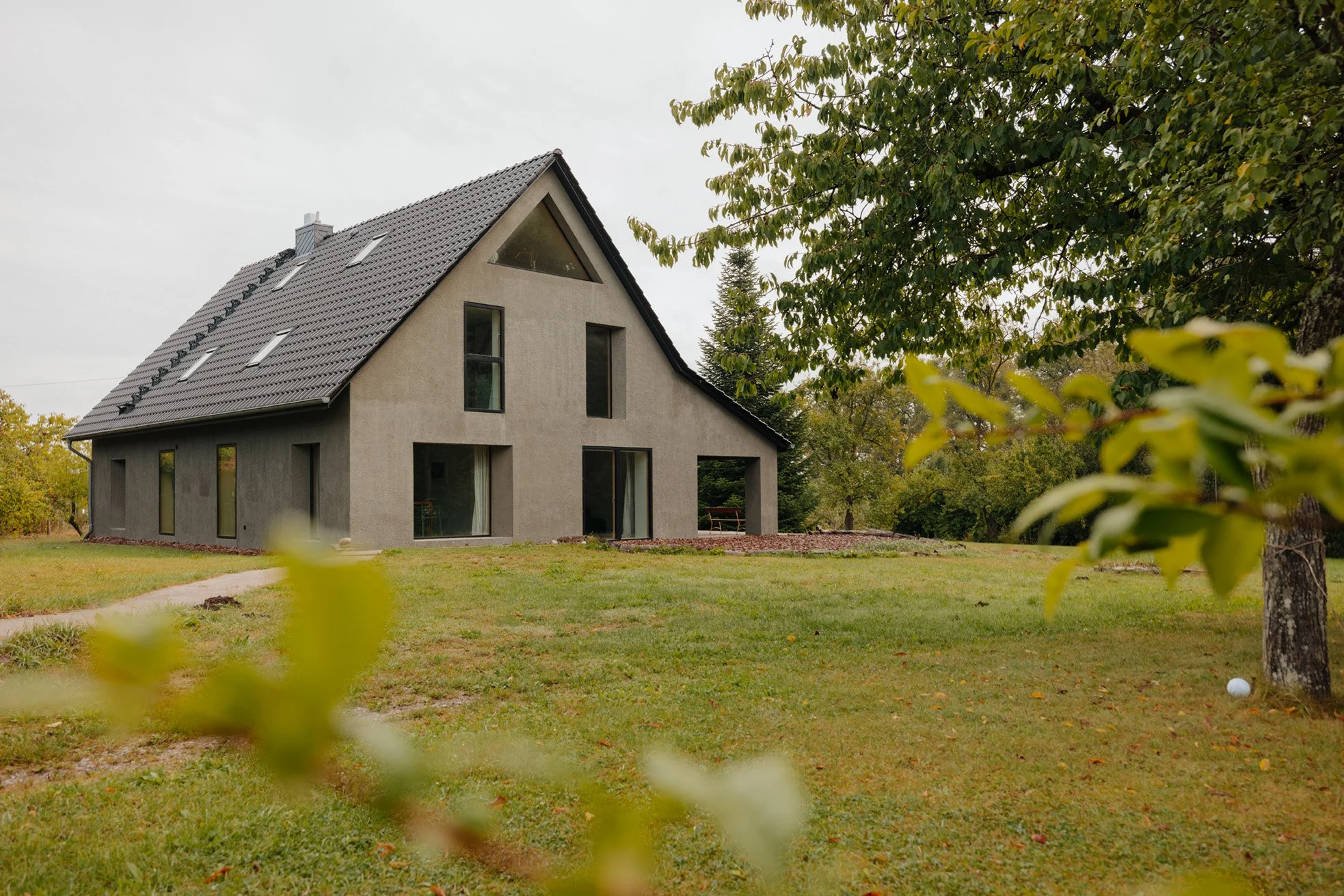 A modern two-story house with a sloped roof and large windows, surrounded by green grass and trees, with some branches and leaves in the foreground.