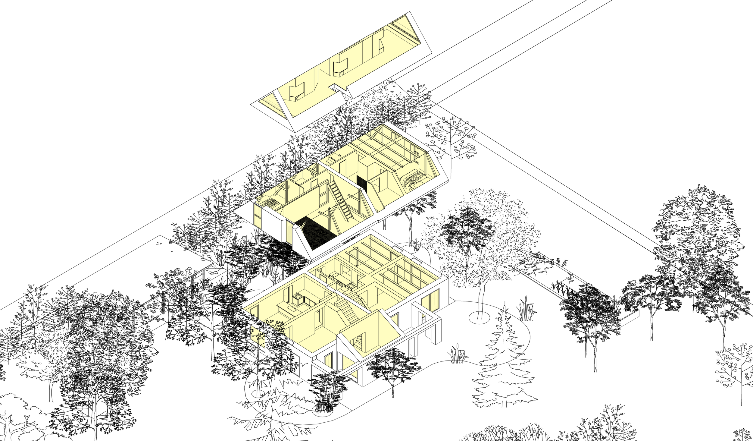 Mellenau 9. Isometric architectural drawing of a multi-story house with exterior landscaping, trees, and a detached structure at the back. Showing available spaces in the whole house.