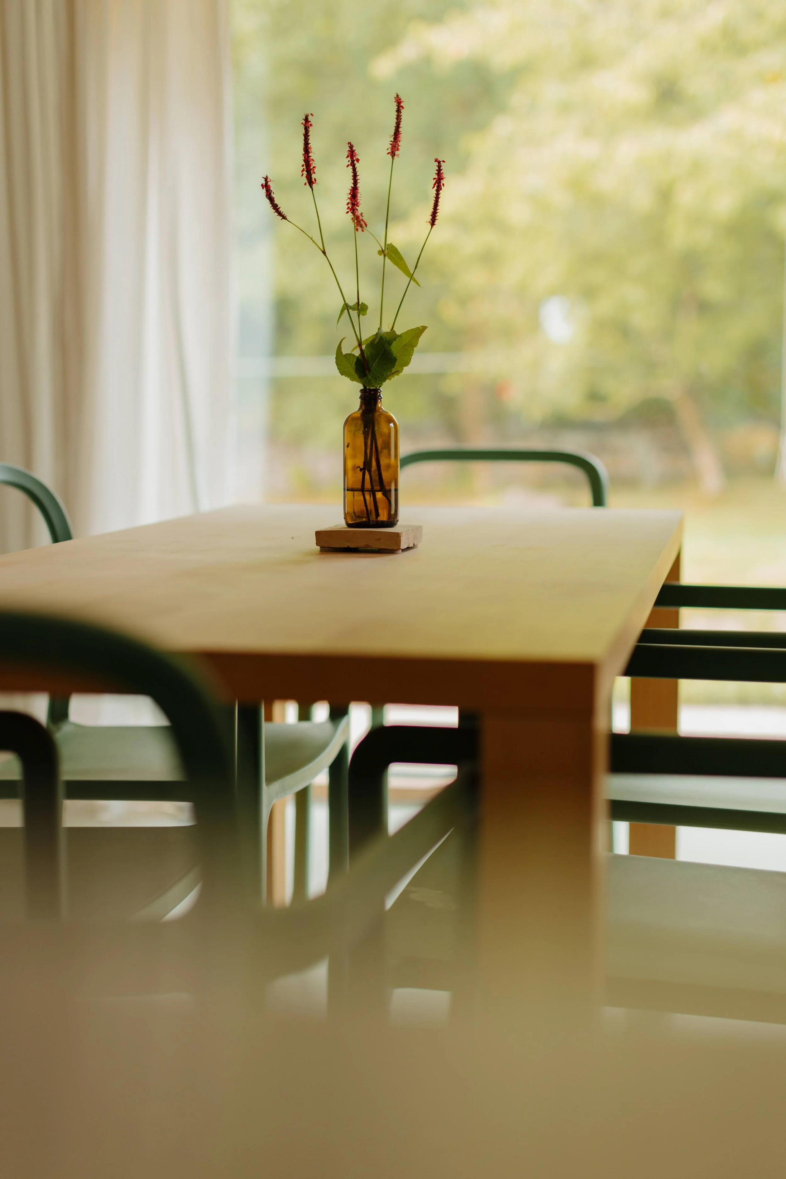 A brown glass bottle with a few stems and leaves of a plant inside, placed on a small wooden board on a light wooden table near a window with light curtains, with green outdoor scenery in the background.