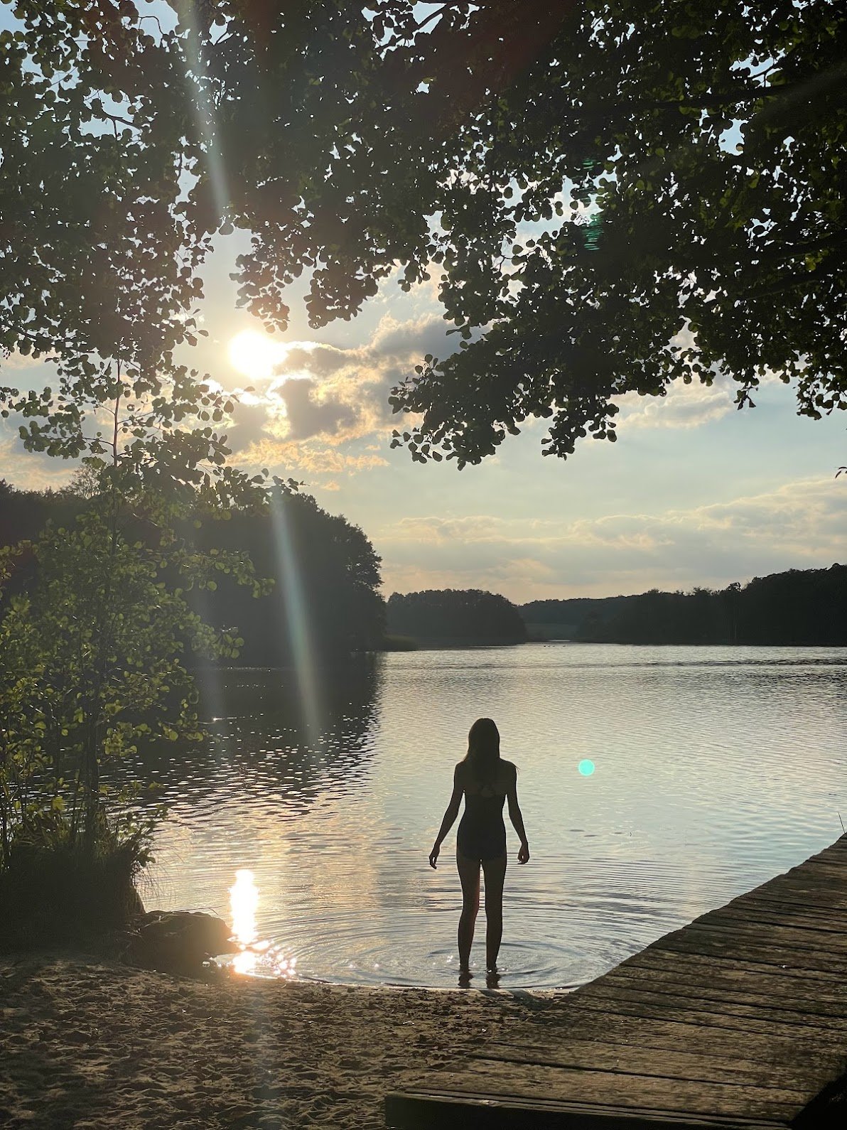 Silhouette of a woman standing at the edge of a lake during sunset, with overhanging tree branches above and a wooden dock to the right.