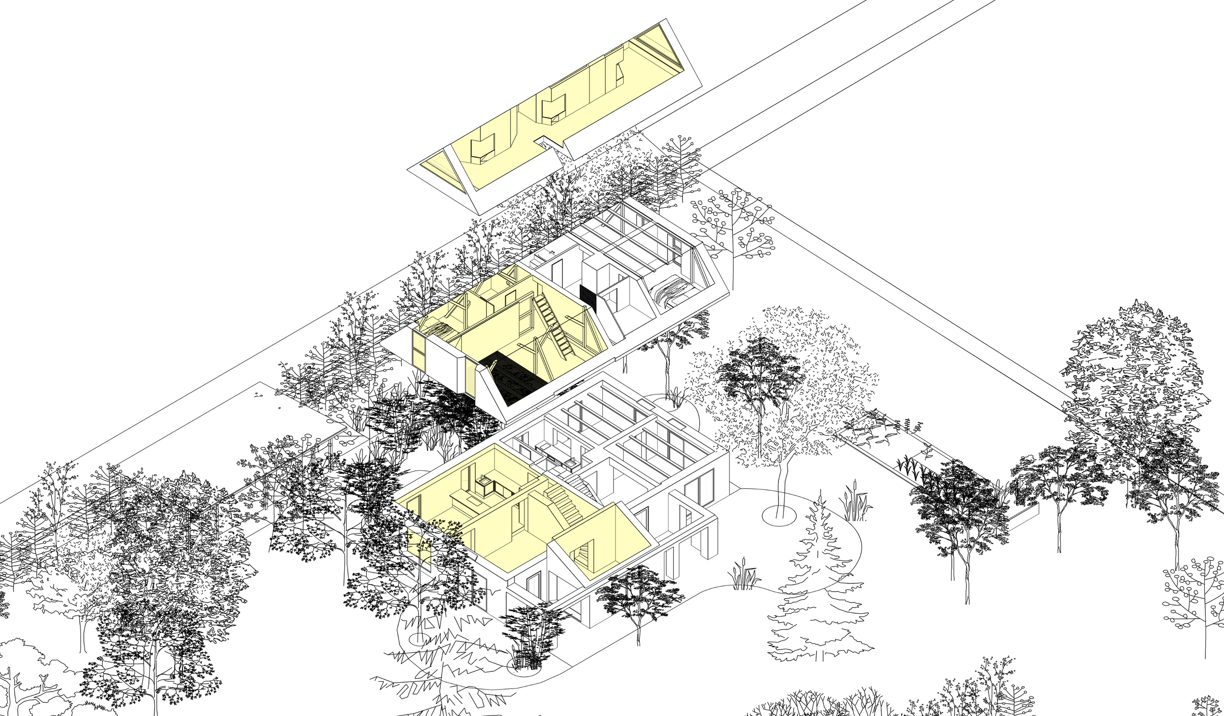 Mellenau 9. An architectural drawing of a residential house and its surroundings includes trees, with the house shown in an isometric view highlighting interior rooms and layout, mainly in yellow. Showing available spaces on south side of house.