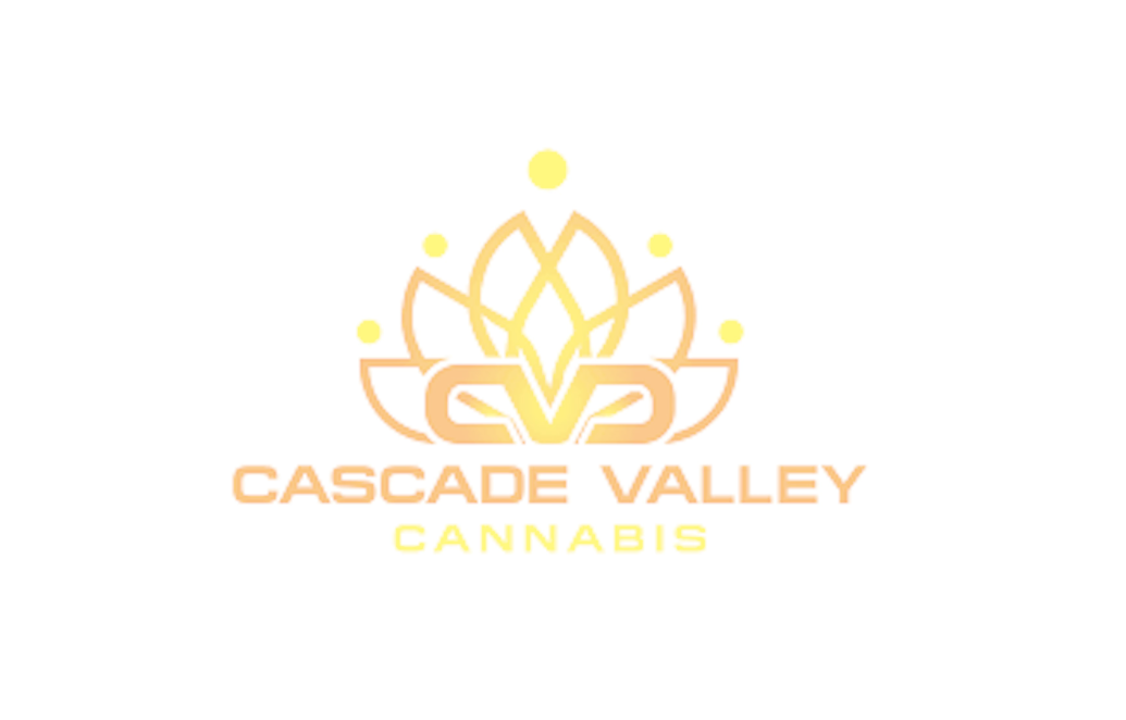 Logo for Cascade Valley Cannabis featuring a stylized cannabis leaf and lotus flowers in orange and yellow colors.