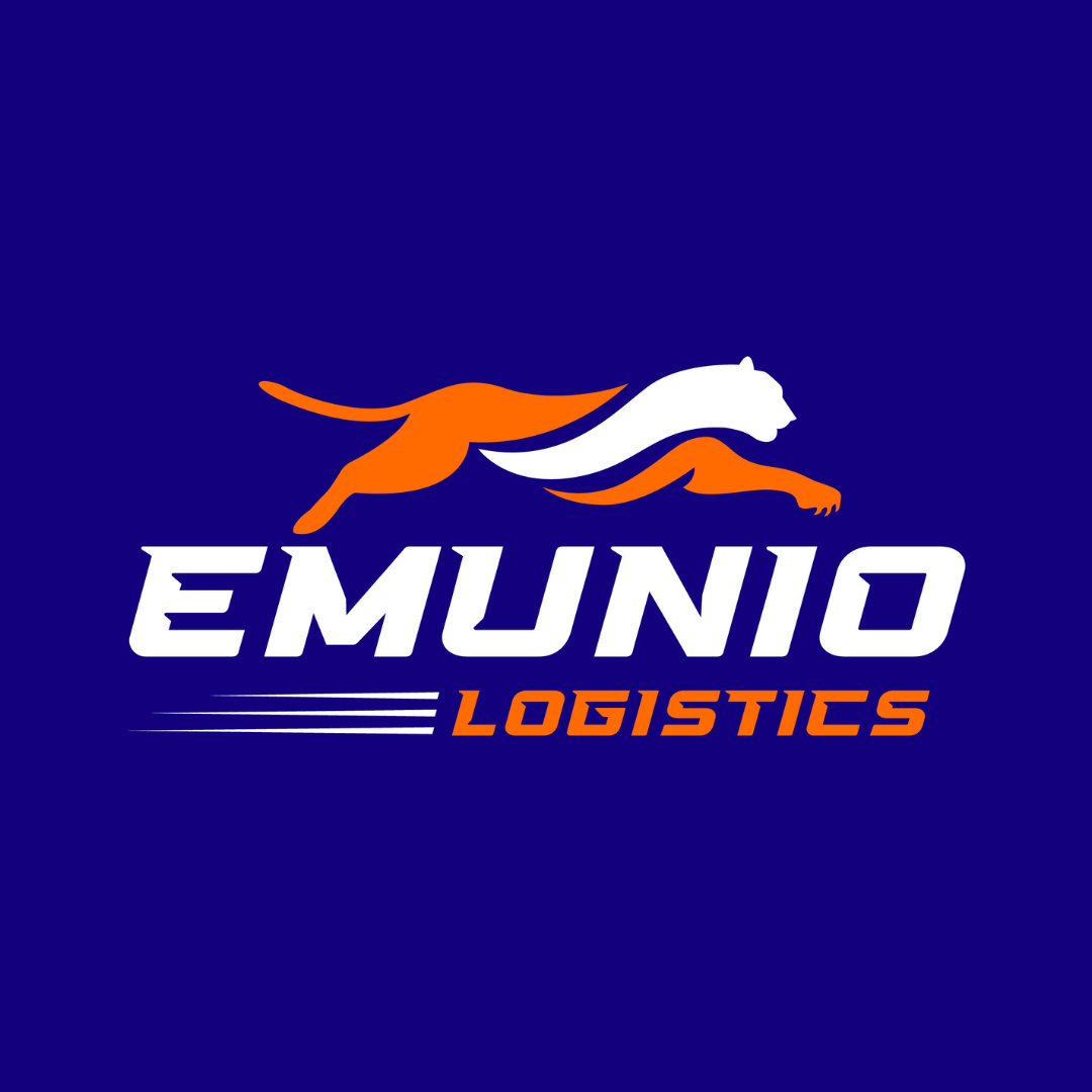 Logo of Emunio Logistics featuring a stylized orange and white panther leaping forward on a blue background.
