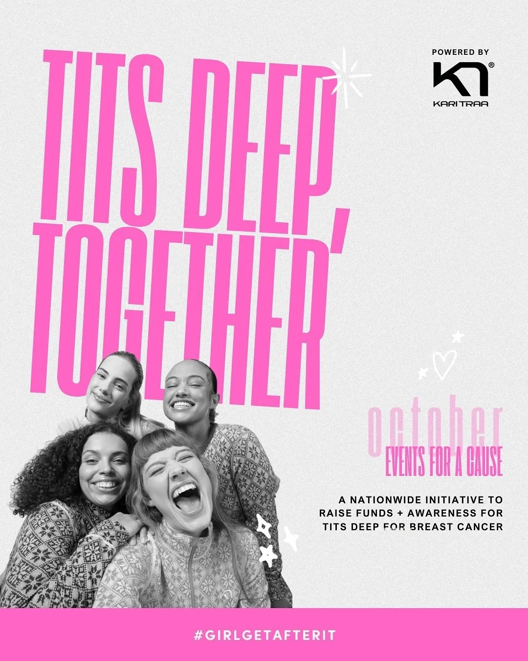 Let’s get TITS DEEP 🩷
This October, we’re teaming up with @karitraa to host in-person fundraising events across 17 GGAI cities. These events are part of a collective effort to support @titsdeepforbreastcancer — an organization on a