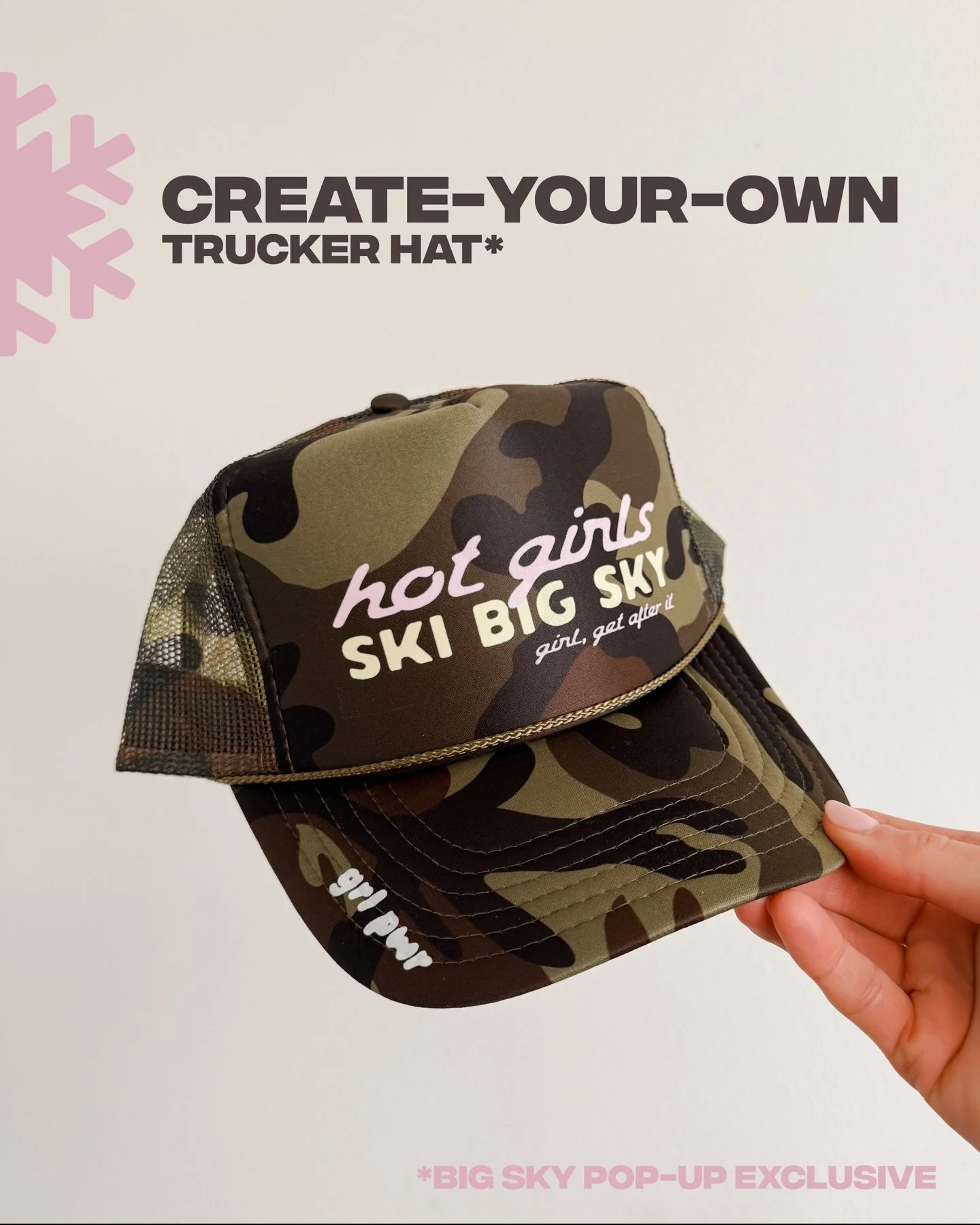 A big fat snowstorm + customizing literally everything, what else could a girl need? 💅❄️
Sneak peek at the create-your-own trucker hat bar we&rsquo;re bringing to life this Sunday at @bigskyresort for International Women&rsquo;s Day. We&rsquo;re so 