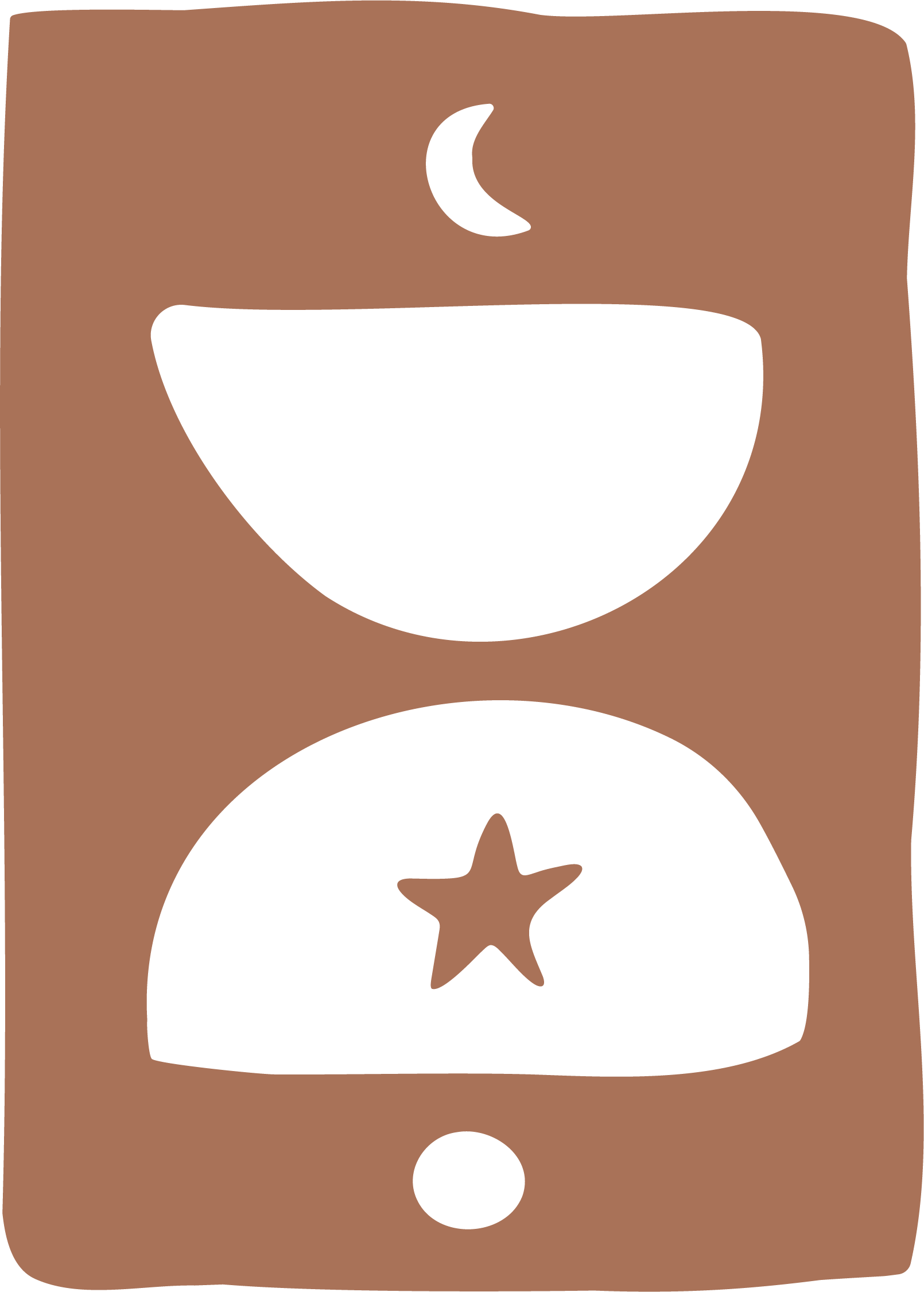 A simple, stylized illustration of a brown, rectangular object with three black circular shapes and a star in the middle of the bottom circle.