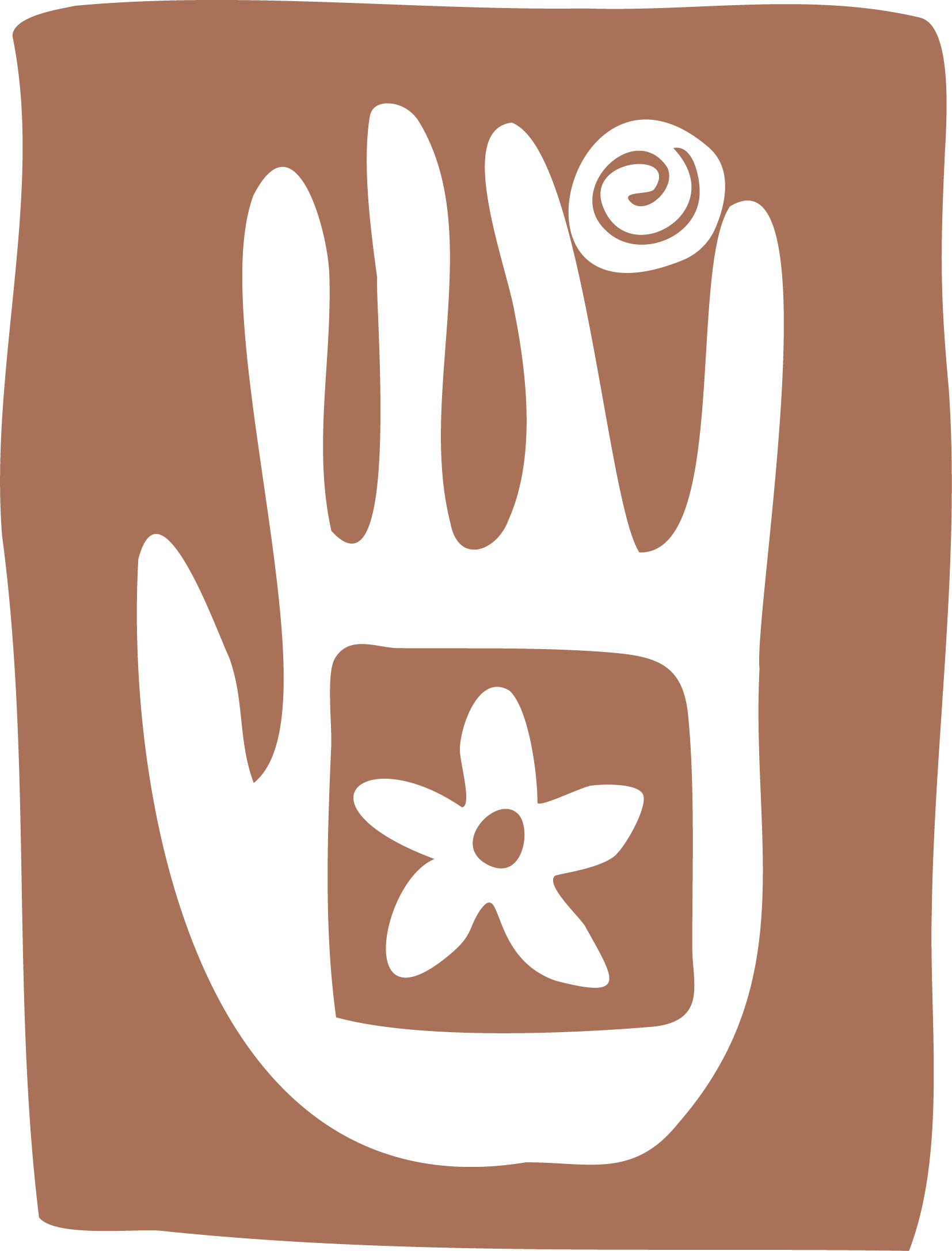 A drawing of a face with black features on a brown background, including almond-shaped eyes, curved eyebrows, a nose, and lips, with a flower on the chin.