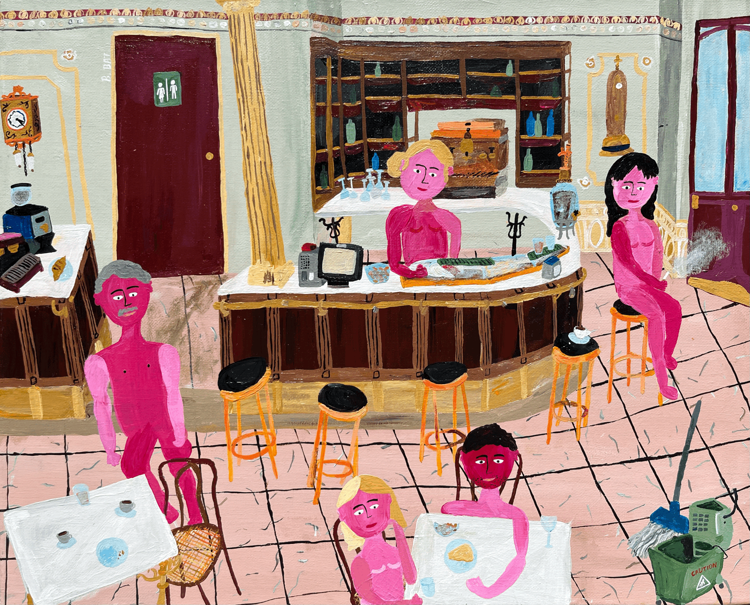 Pink people in a cafe (2023)
