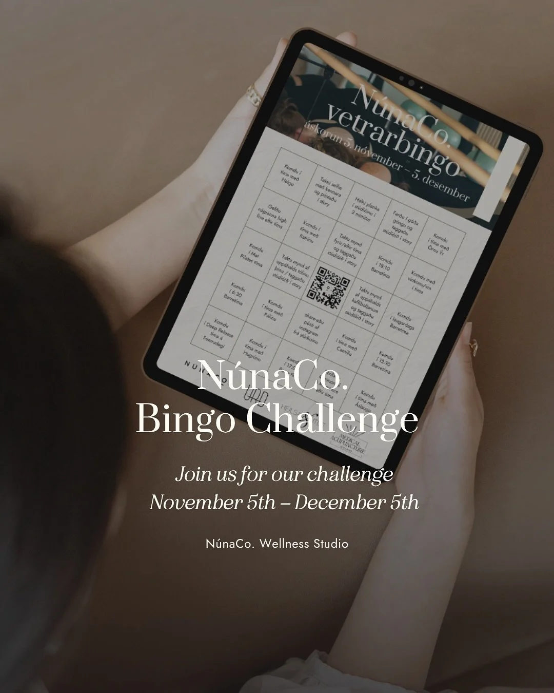 N&uacute;naCo. Bingo Challenge is here 💫
Starting November 5th until December 5th.
One bingo card per person &mdash; complete a square, get a stamp on your card.
Once you complete a Bingo (a full line) or Blackout (all squares)
You&rsquo;ll need to 