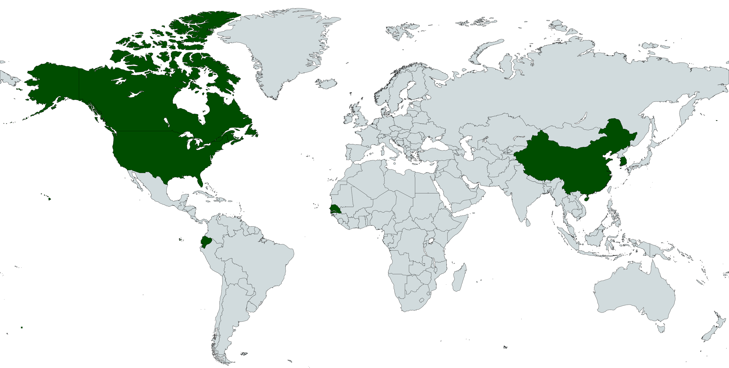 World map with seven countries shaded (Ecuador, Senegal, Hong Kong, South Korea, the Dominican Republic, the United States, and Canada), showing where Cimu's tailors trained.