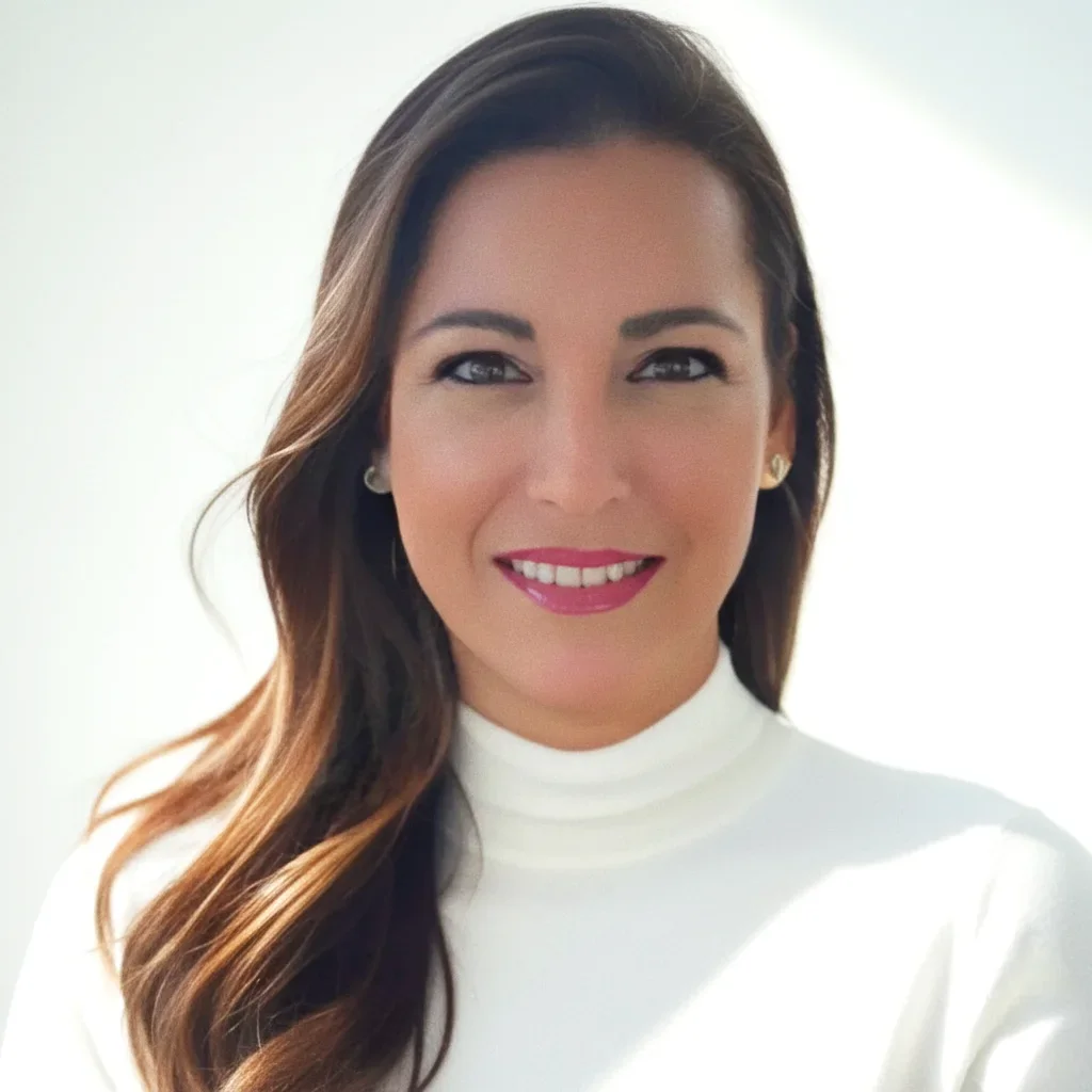 A woman with long brown hair, wearing makeup, a white turtleneck, and earrings, smiling against a plain background.