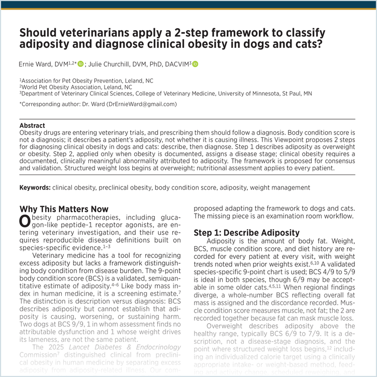 First page of the JAVMA article: Should veterinarians apply a 2-step framework to classify adiposity and diagnose clinical obesity in dogs and cats?