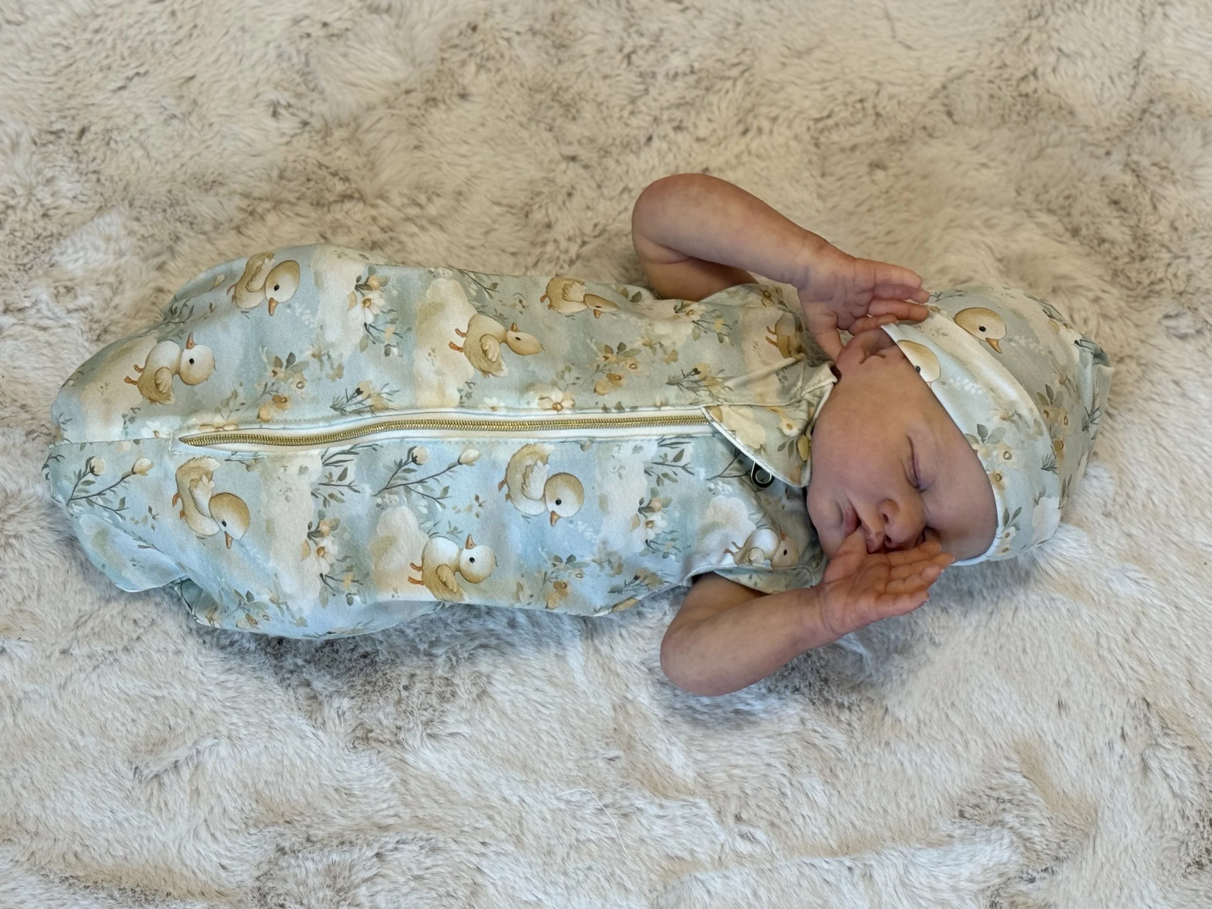 Just ducky preemie/small newborn sleep sack and hat set.