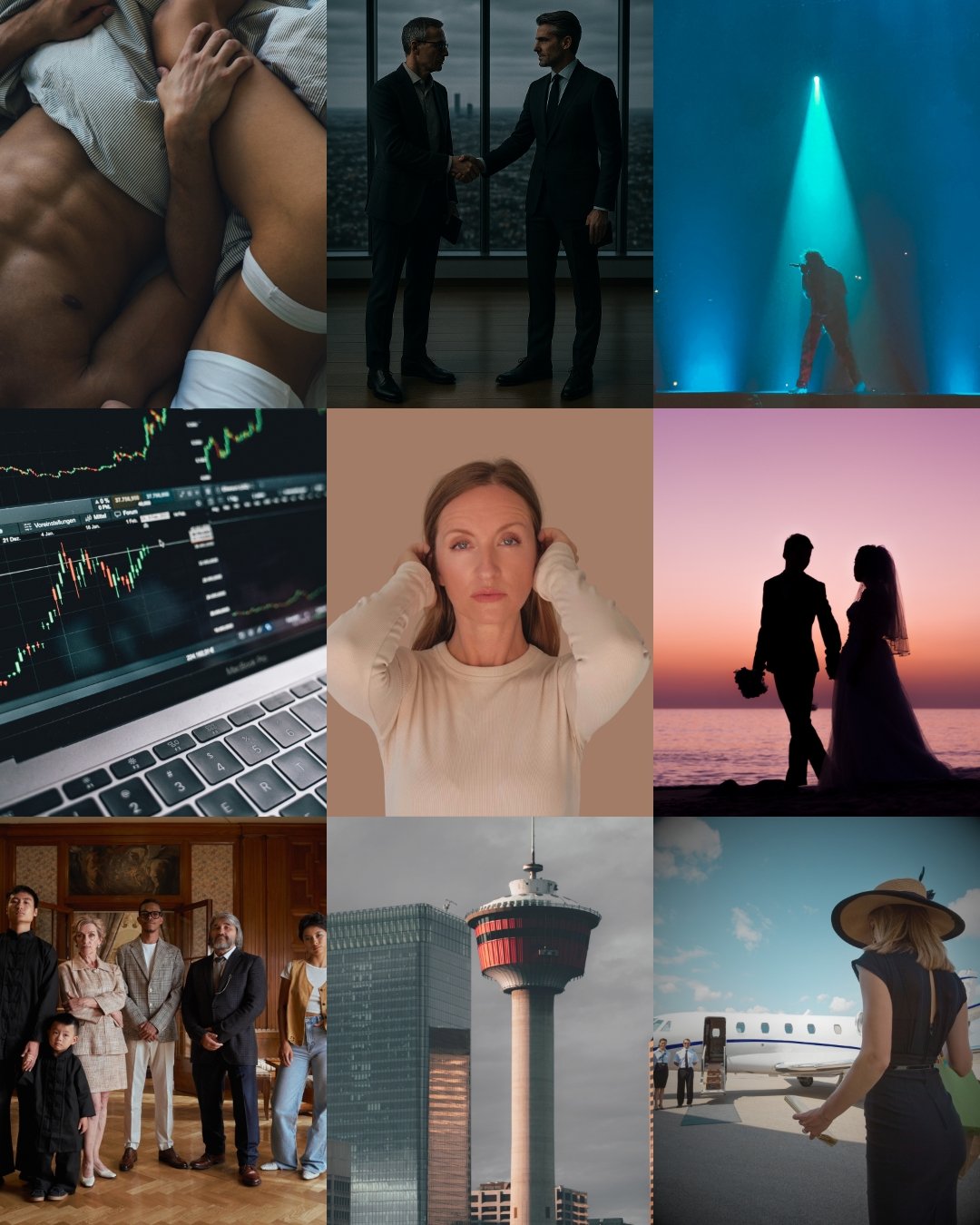 Collage of nine images: couple in bed, business handshake, stage performance, stock market graph, portrait of a woman, bride and groom, family group, city tower, woman at private jet.