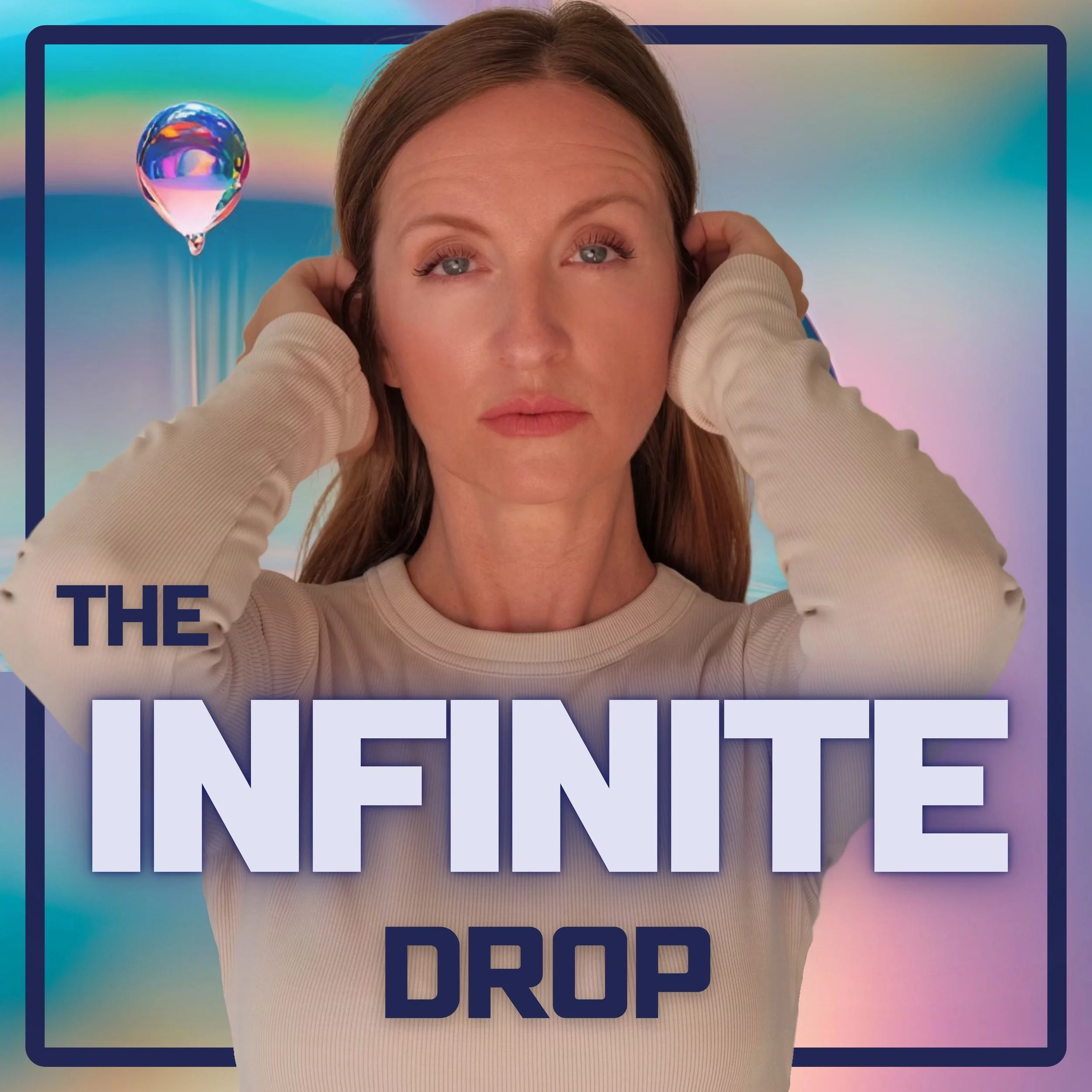 A woman with light brown hair and blue eyes holding her hands to her ears, with a colorful holographic background, partially obscured text that reads 'THE UNITE DRP'.
