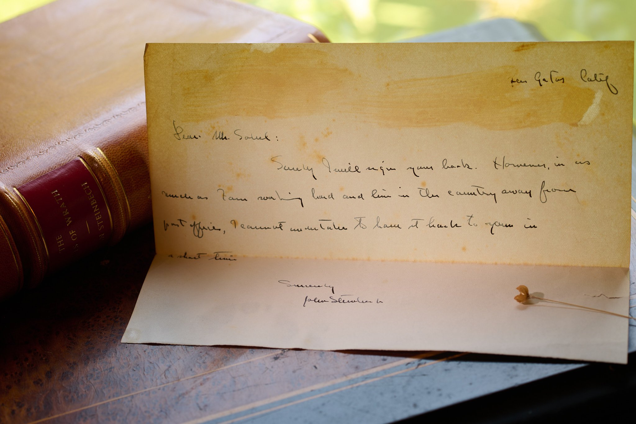 John Steinbeck, 'The Grapes of Wrath'. 1st edition with handwritten note.