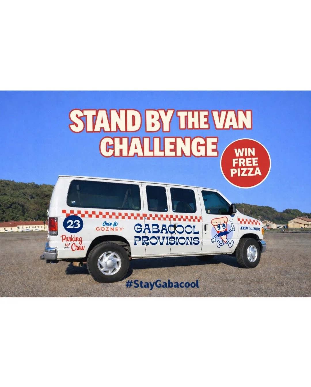🍕🚨 WIN FREE PIZZA EVERY WEEK 🚨🚐

All you have to do:
	1.	Find the Gabacool van
	2.	Take a selfie with it
	3.	Tag @gabacool_provisions
	4.	Use #StayGabacool

Bonus points if you tag a friend!

That&rsquo;s it.
One winner. Every week.
Parking lot f
