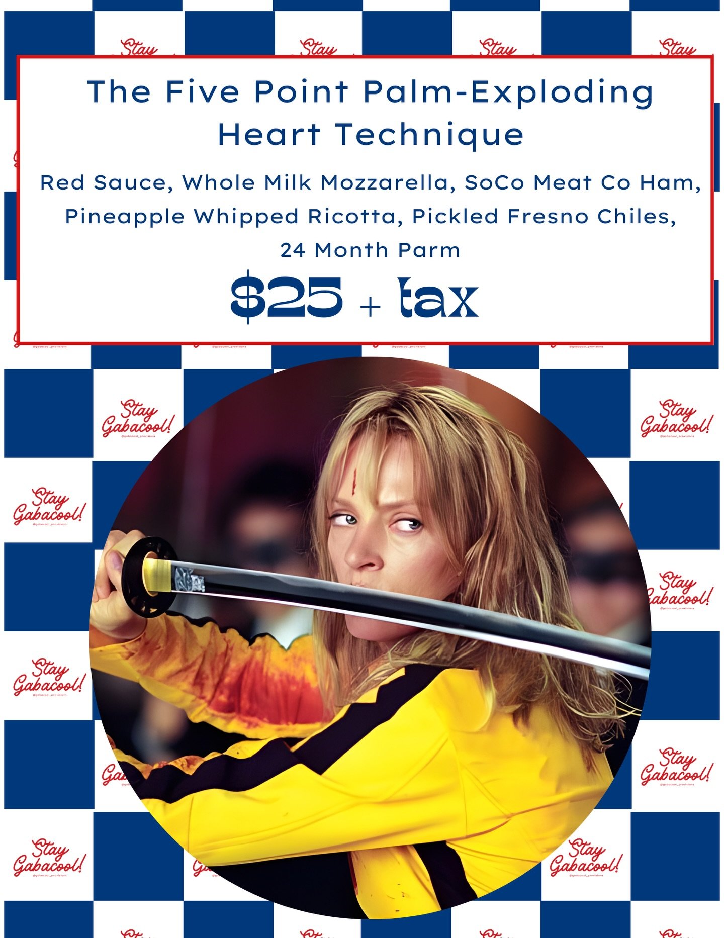 We said we&rsquo;d never do it. We were wrong. 🗡️🍕🍍

Introducing The Five Point Palm Exploding Heart Technique. We took the most controversial duo in pizza history
ham &amp; pineapple and gave it the Beatrix Kiddo treatment.

Why this tribute? Bec