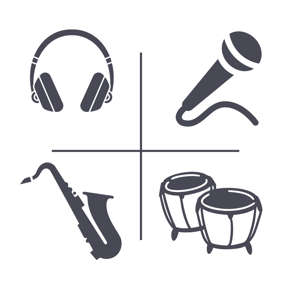 Icons of headphones, a microphone, a saxophone, and a drum set.