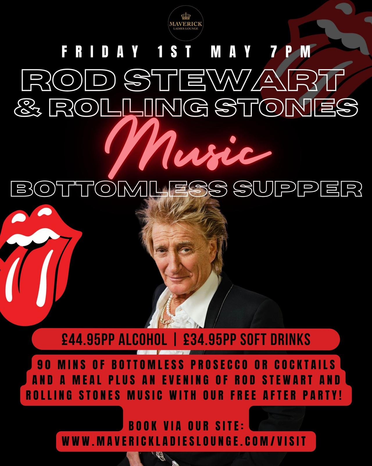 Event poster for a Rod Stewart and Rolling Stones music night at Maverick Ladies Lounge on Friday, May 1st at 7 PM. Features an image of Rod Stewart, Rolling Stones logo, and event details in red and white text on a black background.