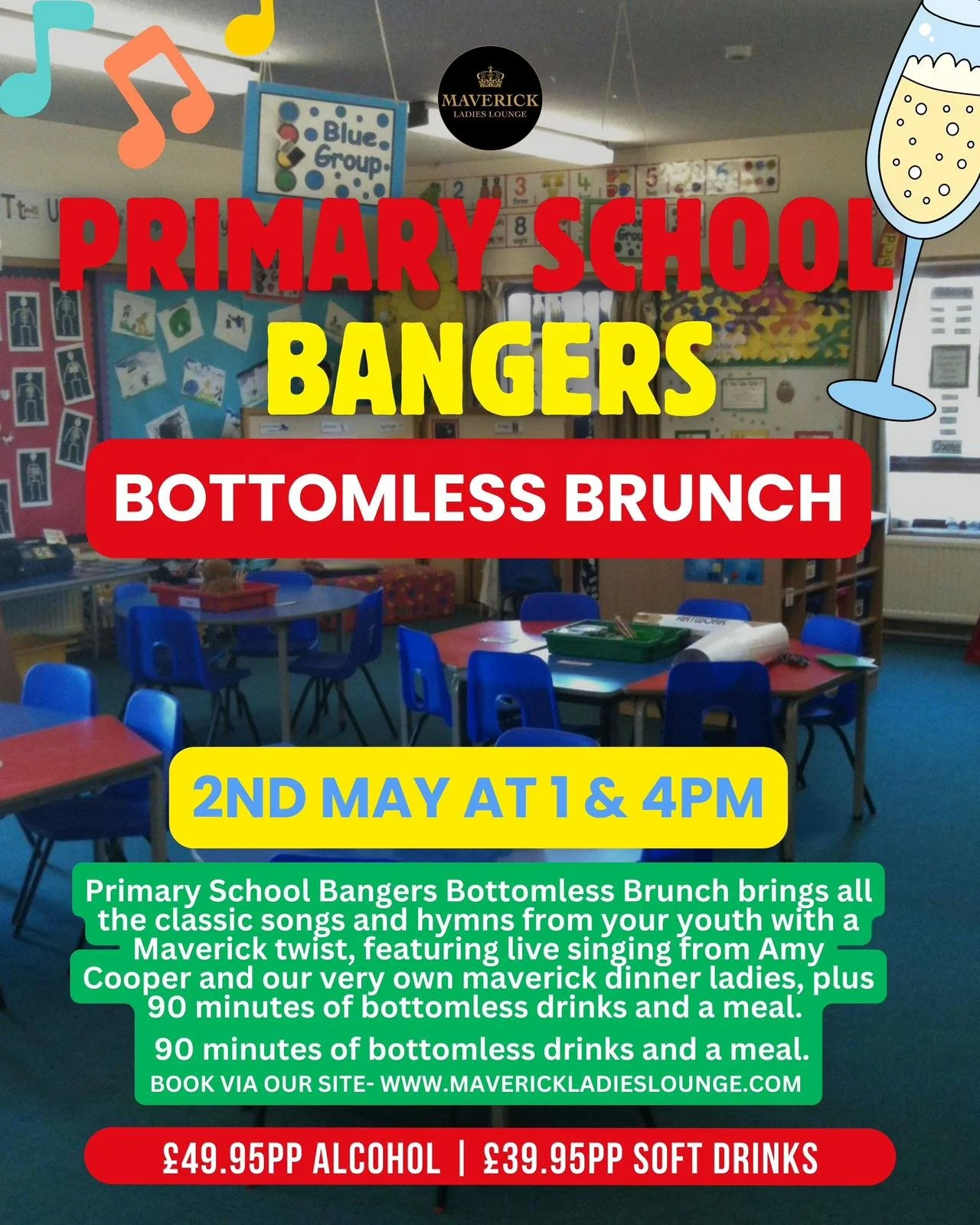 Poster advertising a primary school event called Bangers Bottomless Brunch on May 2nd at 1 and 4 pm, with a background of a classroom interior with blue chairs and tables, colorful decorations, and a large sign.