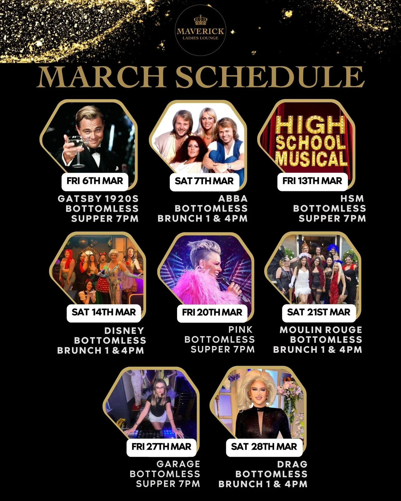 March schedule for Maverick Ladies Lounge, featuring events such as Gatsby 1920s night, ABBA tribute, High School Musical screening, Disney night, Pink performance, Moulin Rouge night, Garage night, and Drag night, with dates, times, and theme detail