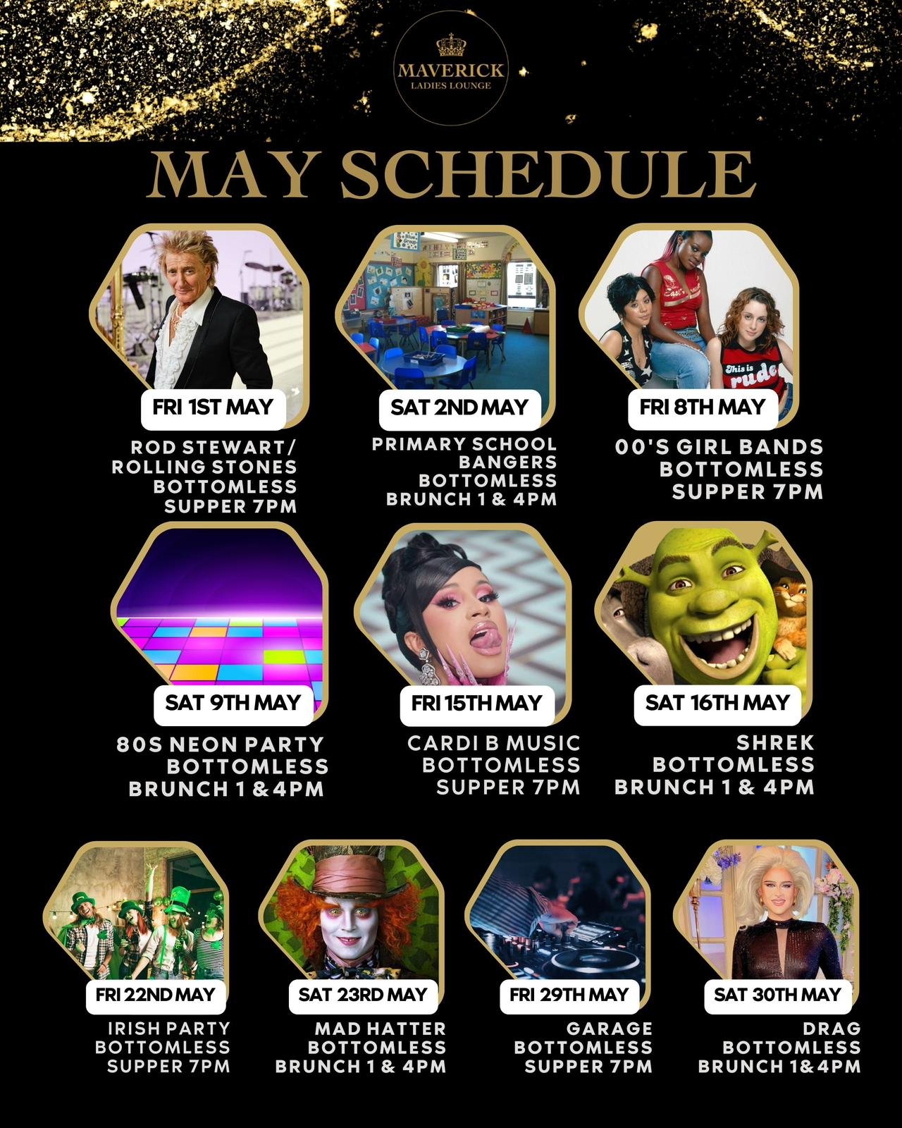 Maverick Ladies Lounge May event schedule featuring various entertainment and events, including live music, themed parties, brunches, and costumes, with dates and times listed.