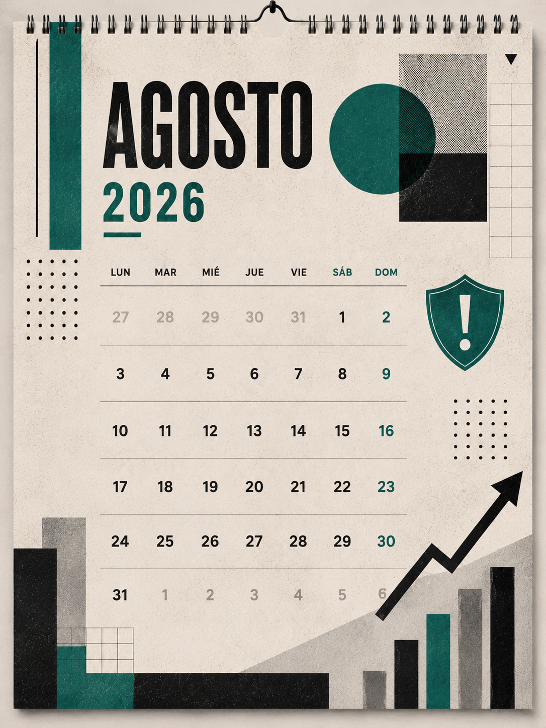Calendario del mes de agosto de 2026 con diseño moderno y gráfico, incluyendo gráficos de barras y un escudo con exclamación.