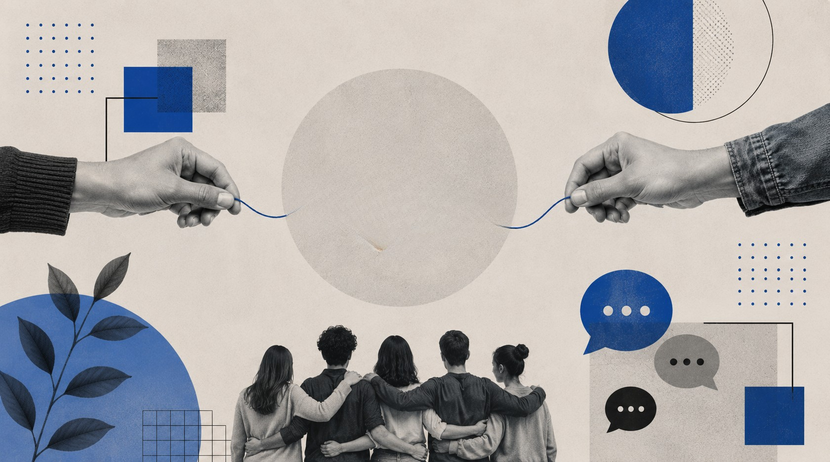 Diversas personas de espaldas en círculo, con brazos entrelazados, en un entorno con ilustraciones de gráficos, nubes de diálogo y elementos decorativos en tonos azules y grises.