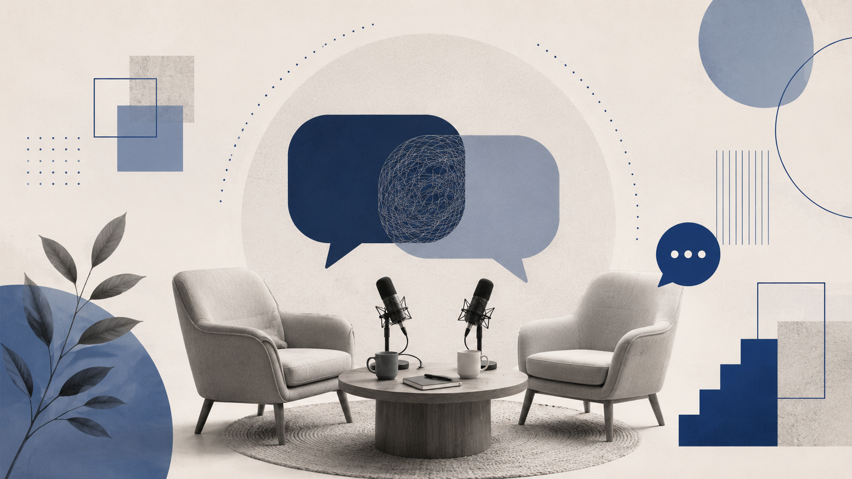 Dos sillones grises con mesas redondas, micrófonos y tazas en un entorno decorado con formas abstractas y burbujas de diálogo, sugiere un estudio de grabación o programa de entrevistas.