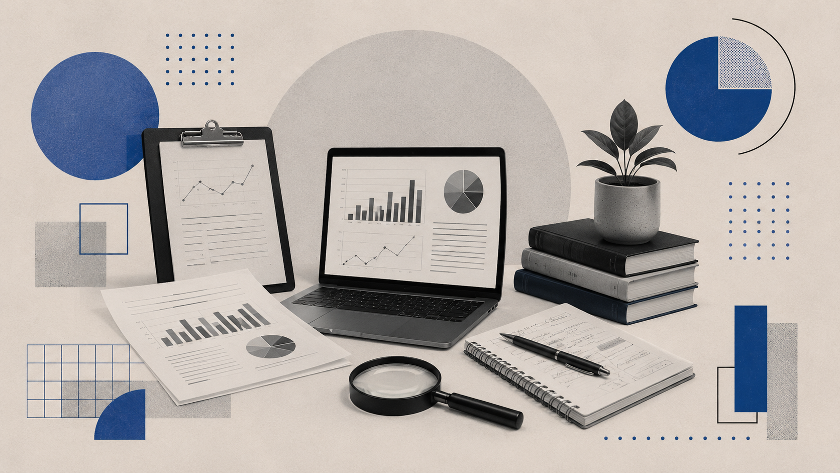 Mesas de oficina con documentos, una laptop, una tableta, un cuaderno, un bolígrafo, una lupa, libros y una planta decorativa, con gráficos y diagramas en el fondo.