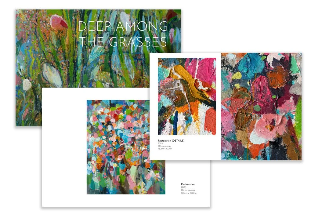 A mockup display of PDF pages featuring paintings from Deep Among the Grasses, a series of abstract oil paintings by Liz Foster.