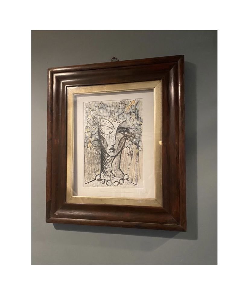 Monoprint by Liz Foster framed in a traditional dark wood frame 
