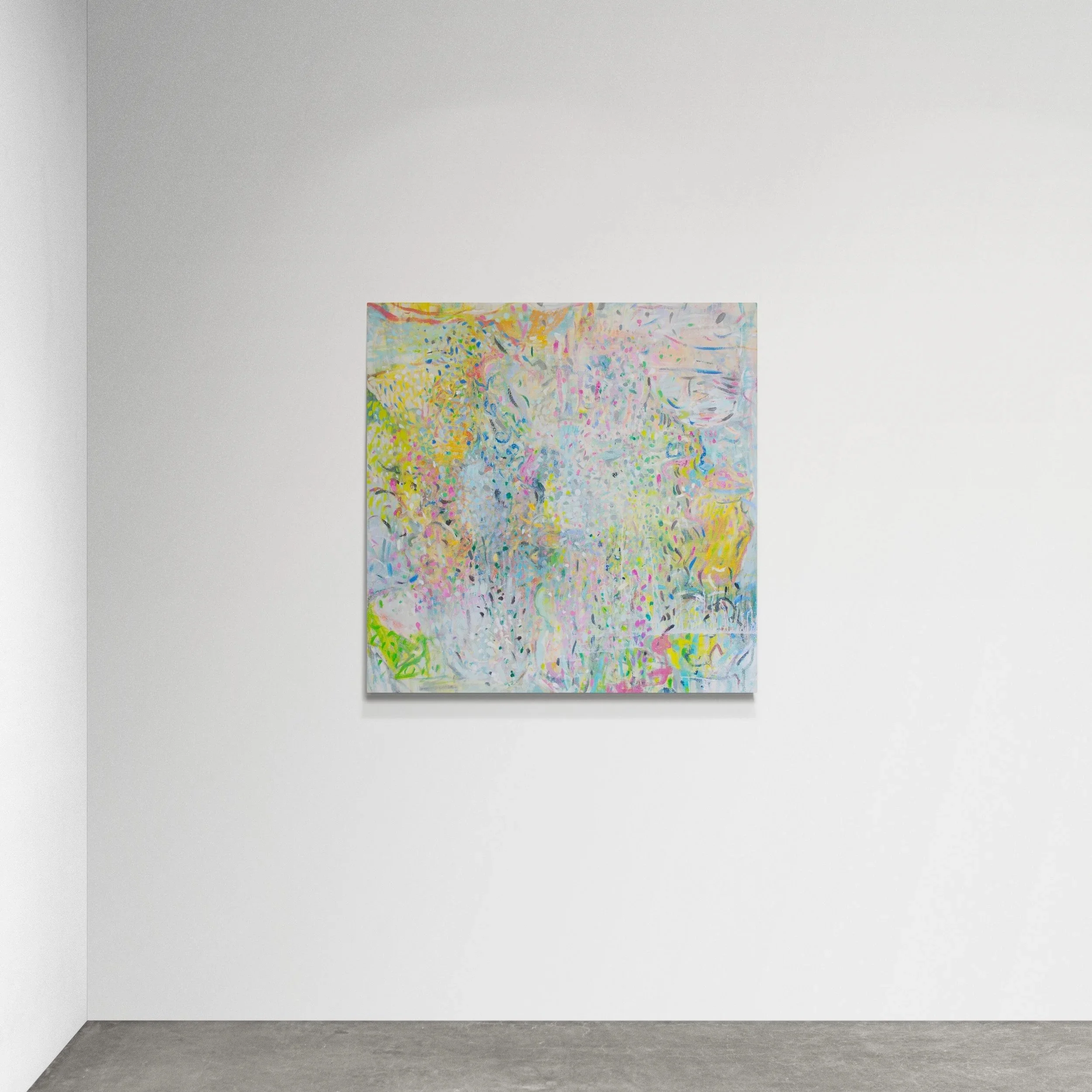 "Paper Tree" – abstract oil painting by Liz Foster, hanging on a gallery wall, showcasing layered brushwork and vibrant colour