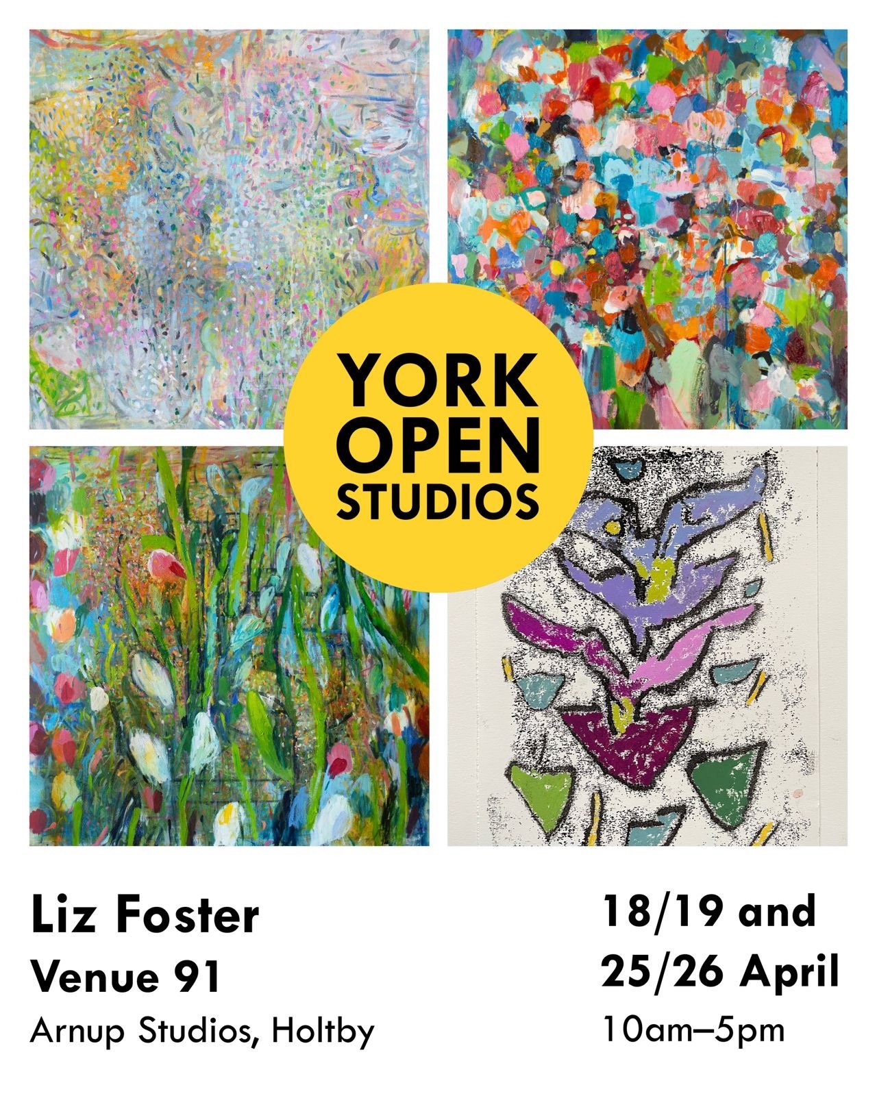 Four sections of paintings by Liz Foster with the York Open Studios logo centred in the middle of the poster.
